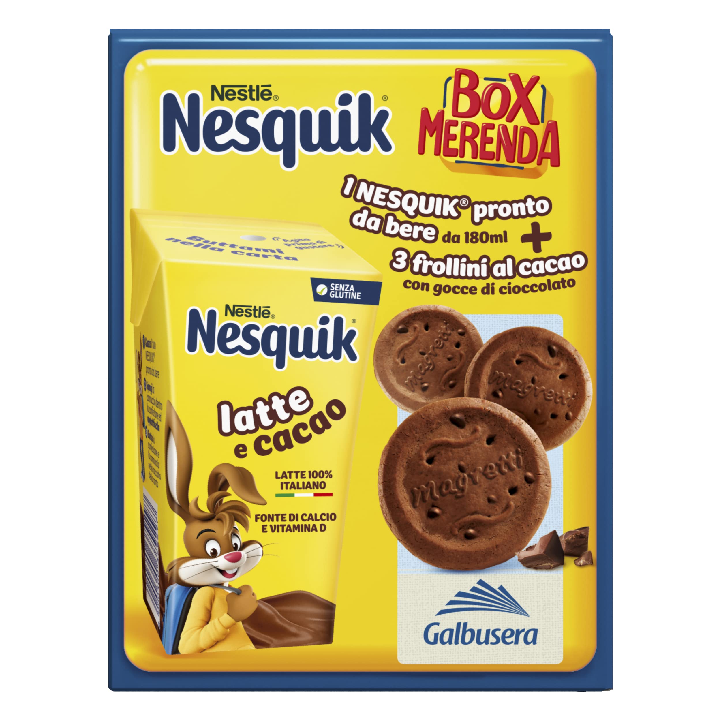 NESQUIK Box Merenda Nesquik Pronto da Bere Latte e Cacao, 14 confezioni contententi 1 Brick da 180ml e 3 frollini Magretti Galbusera da 16g ciascuna