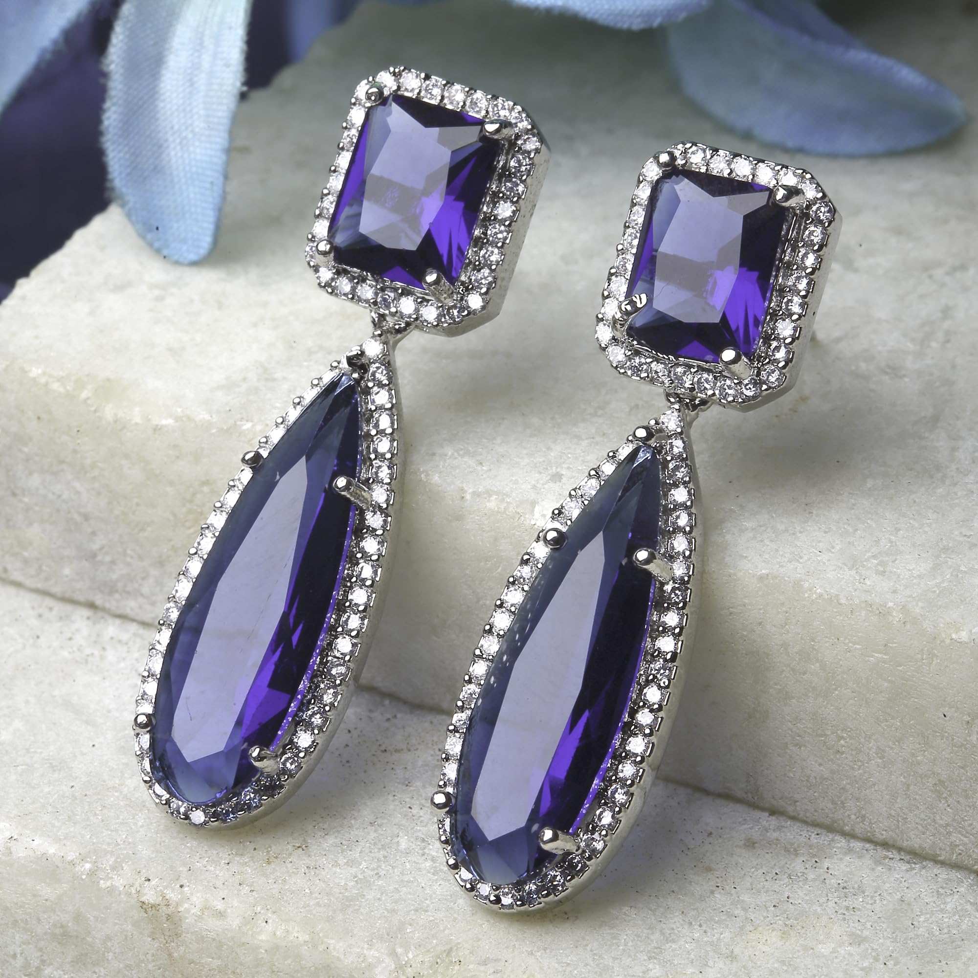 Rhodium-Plated American Diamond Teardrop Earrings