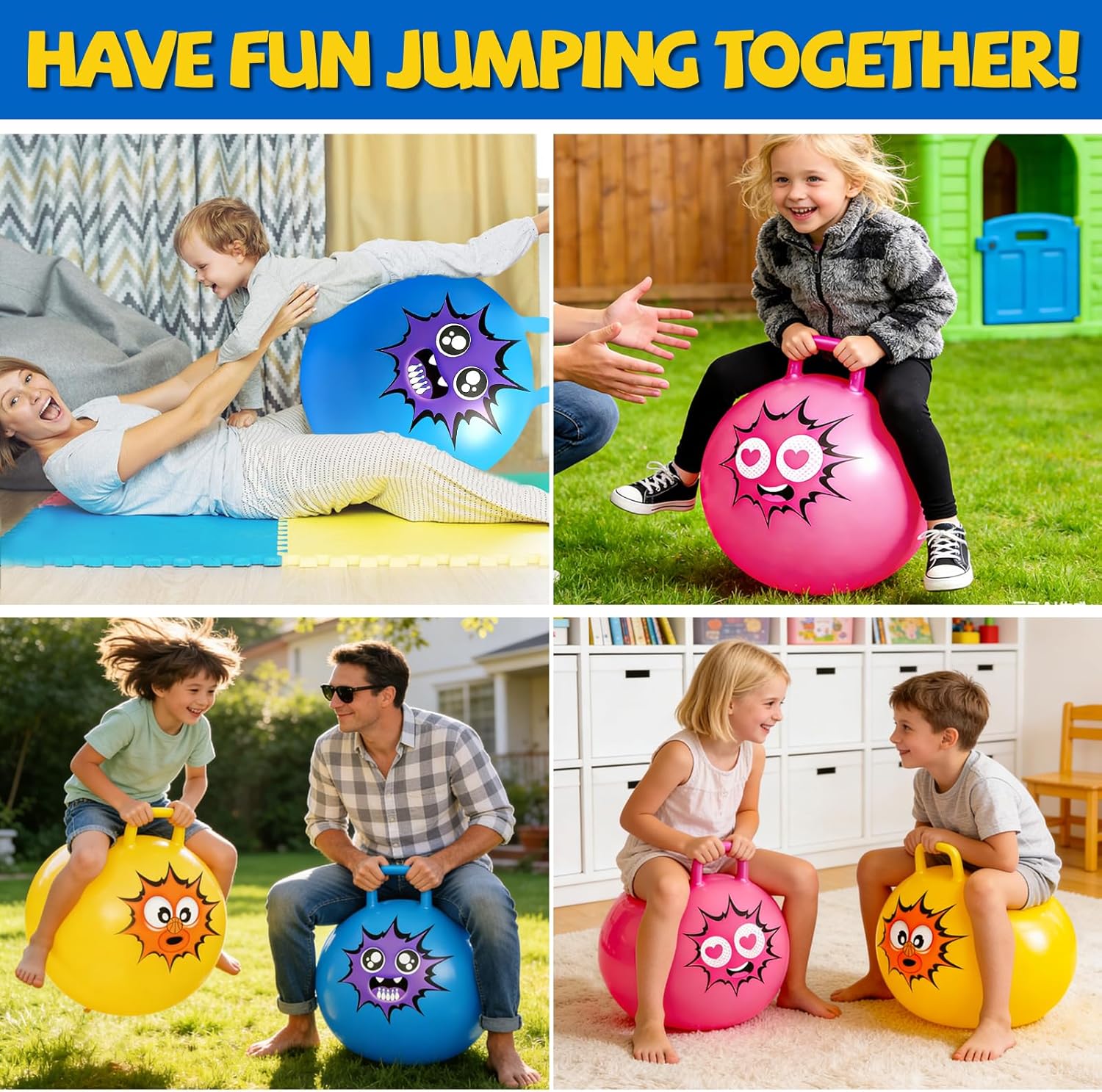 Hymaz Hopper Ball for Kids 3-6, 3 Pack Bouncy Balls with Handle, Inflatable Sit On Jumping Bouncing Hoppity Hop Ball, Garden Hopping Toys for Boys Girls Indoor Outdoor Active Play Gifts, 15 Inch