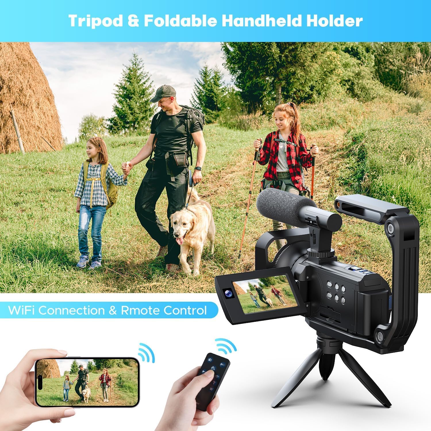 Videocamera 5K Camcorder 56MP WiFi IR Night Vision Vlogging Camera per YouTube Doppio Obiettivo 16X 3.0 Touchscreen Video Camera con 2 Batterie,Scheda 64G,Paraluce,Microfono