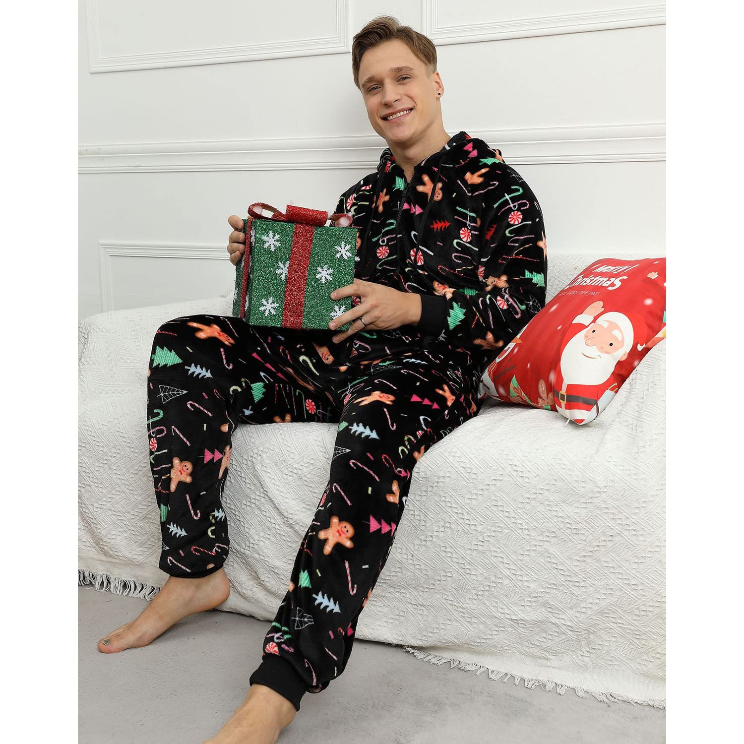 Pijama Navidad Una Pieza Hombre Franela Pijamas Mono Entero con Capucha Manga Larga Invierno Calentito Jumpsuit Adulto Onesie Ropa de Casa Dormir Caramelo de Navidad Negro XL