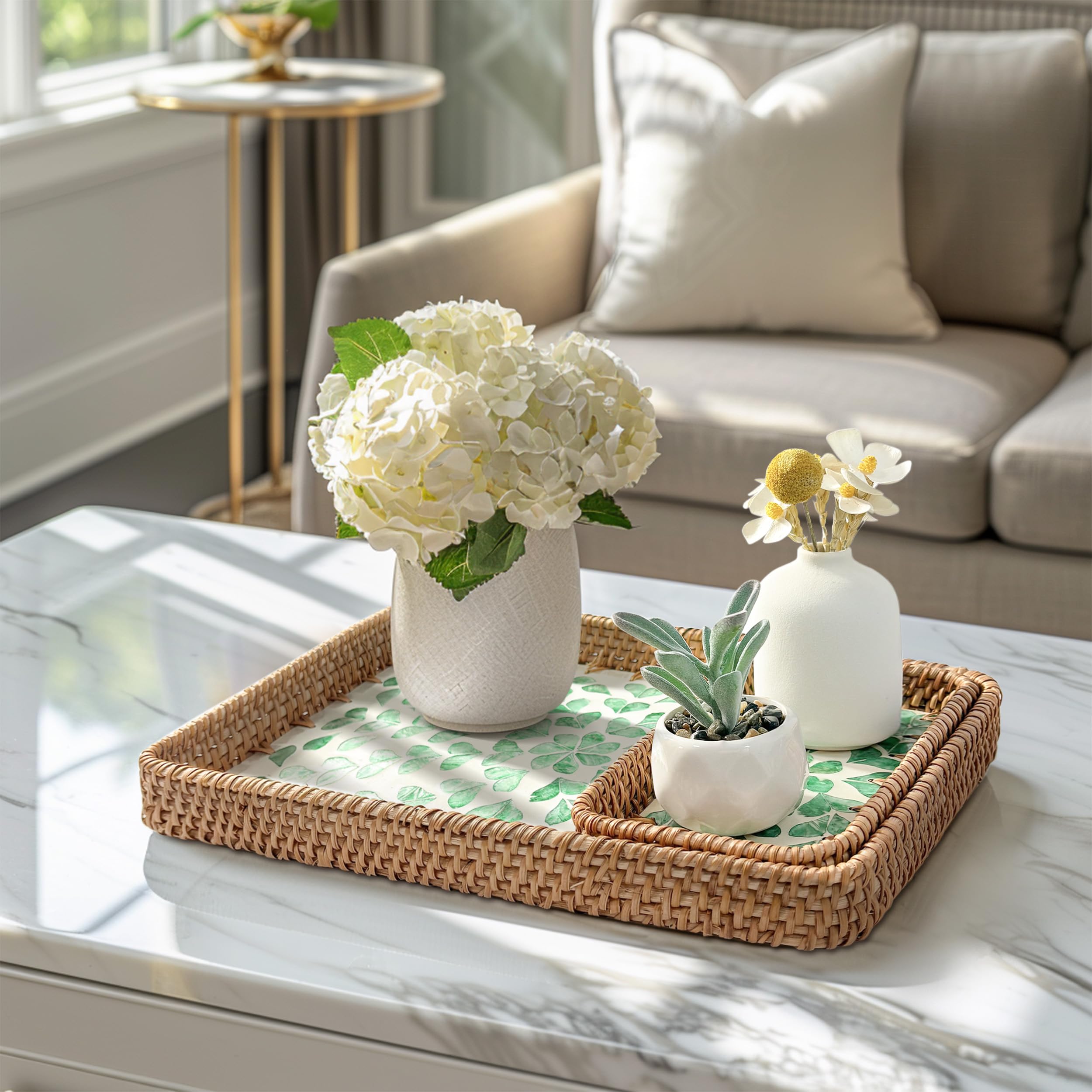 Lot De 3 Plateaux En Rotin Naturel - Décoration Bohème Avec Incrustations Nacre - Service Table Artisanal