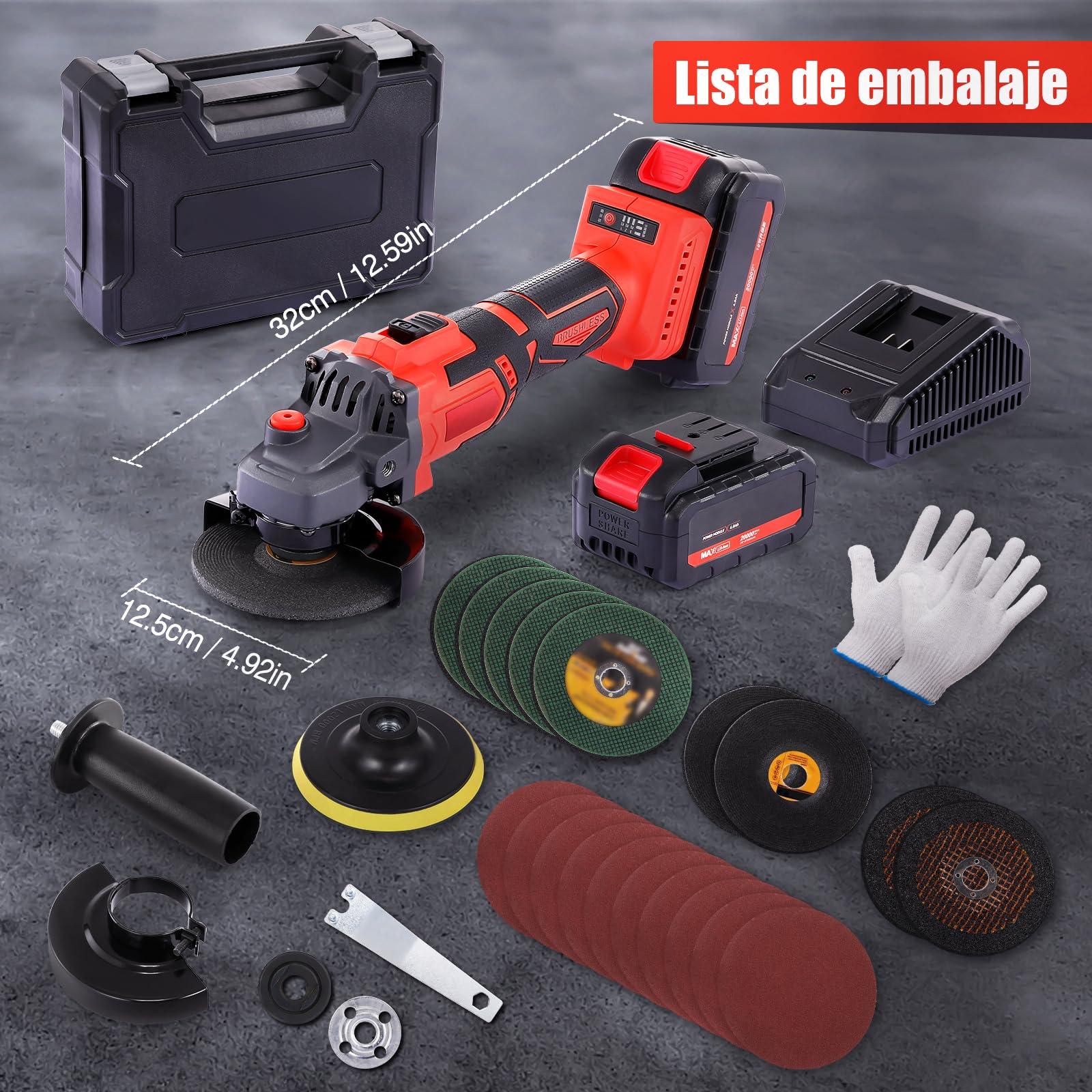 Geevorks 21V 125MM Amoladora Bateria, 9000RPM Amoladora Angular a Batería, | con 2 Baterías 4.0 Ah y Cargador Motor sin Escobillas Empuñadura Auxiliar Buena Disipación del Calor