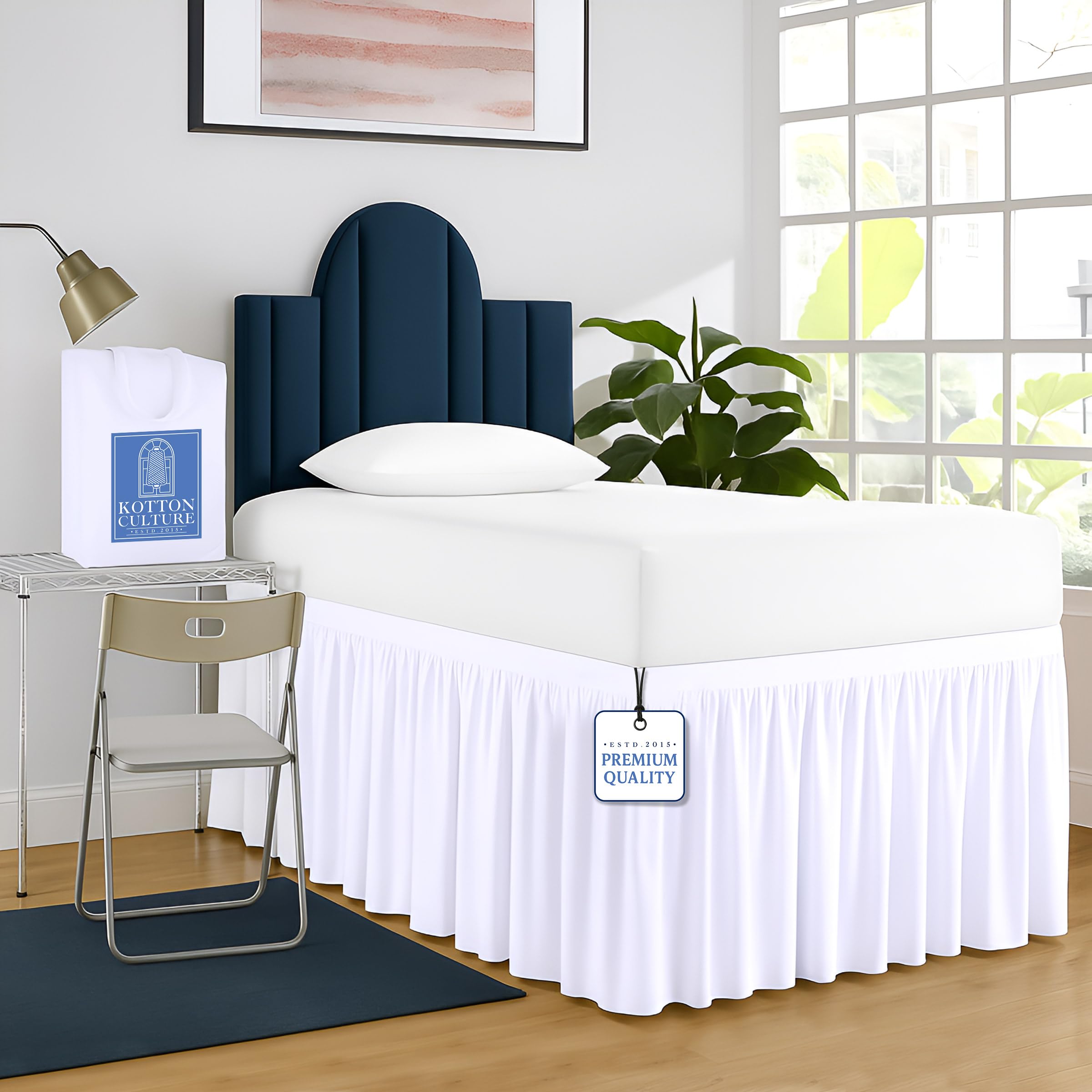 Kotton Culture Dorm Bed Skirt Twin XL 28 Inch Drop Length - White, Ruffled Pattern College Dorm Room Bed Skirts - Split Corner, Easy Care, Wrinkle Free 1800 Series Microfiber Bed Skirt