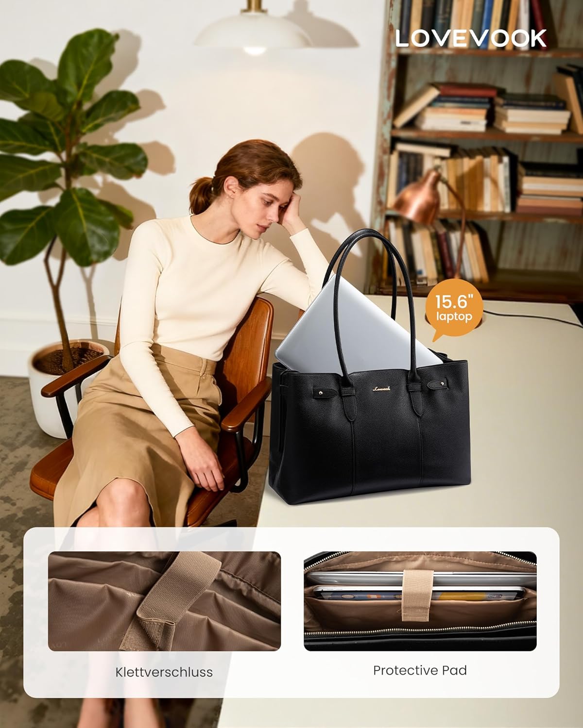 LOVEVOOK Laptop Tote Bag for Women, 15.6 Inch Waterproof Leather Computer Work Purse with Zipper for Teacher & Travel - Image 6