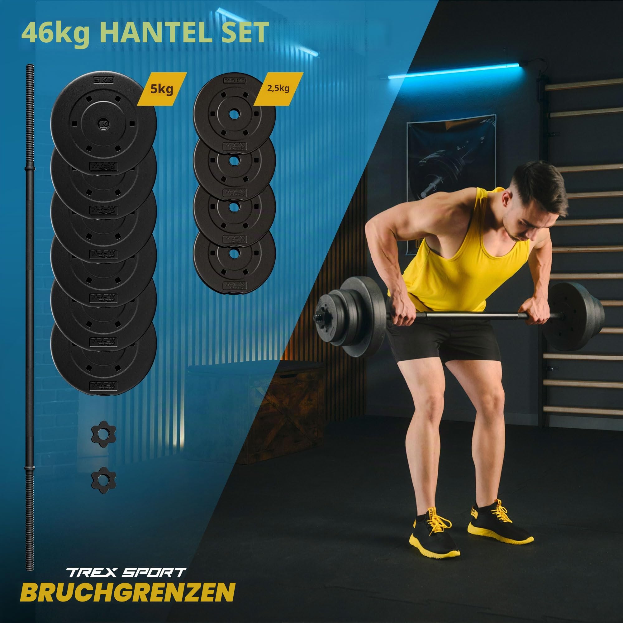 TREX SPORT Langhantel Set 46 kg | Hantelscheiben mit Langhantelstange 150cm | Kunststoff Hantelset, Sternverschlüsse, langlebig, Home Gym Krafttraining