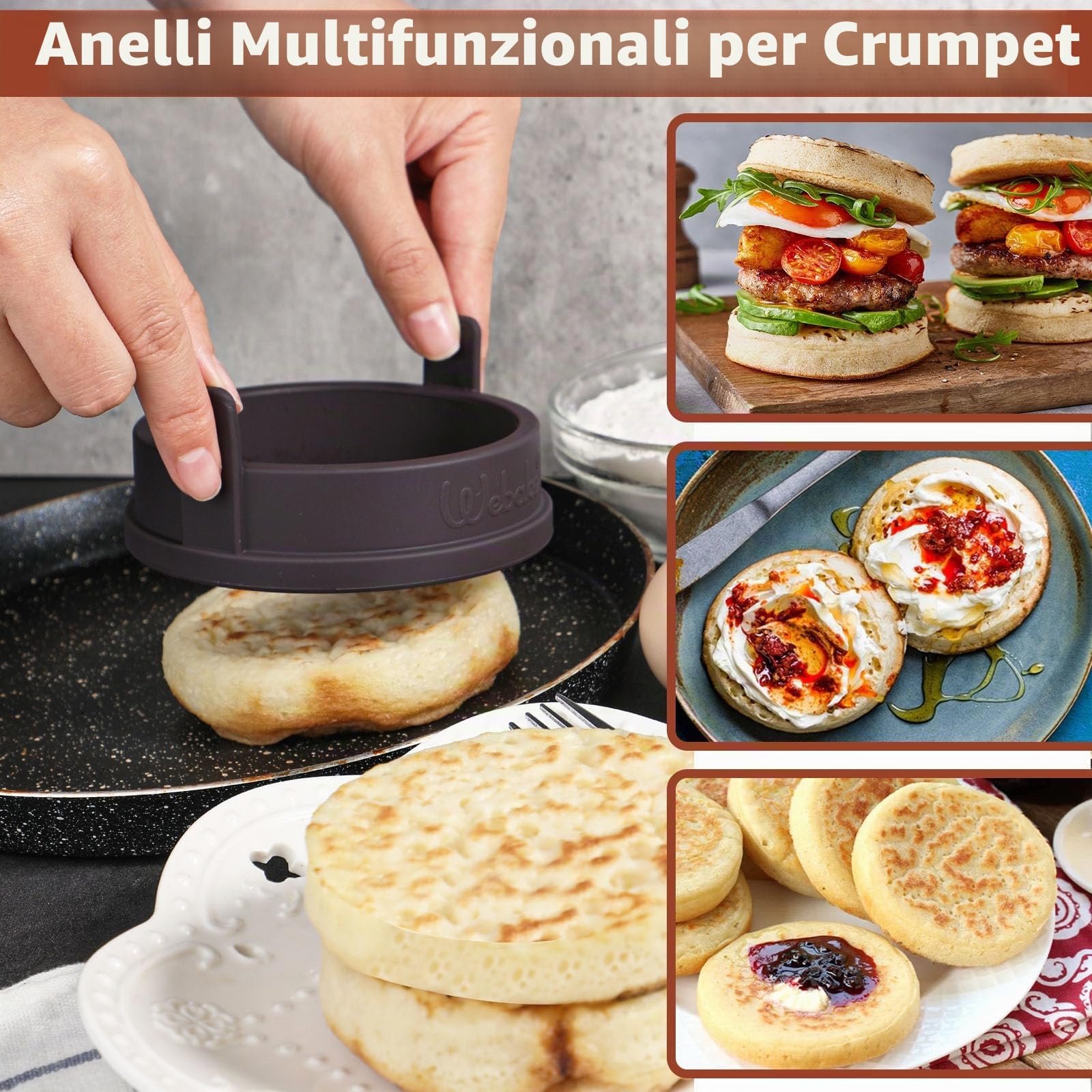 Webake Set di 4 stampi per pancake in silicone, 9 cm, per padelle, uova fritte, frittelle, frittelle