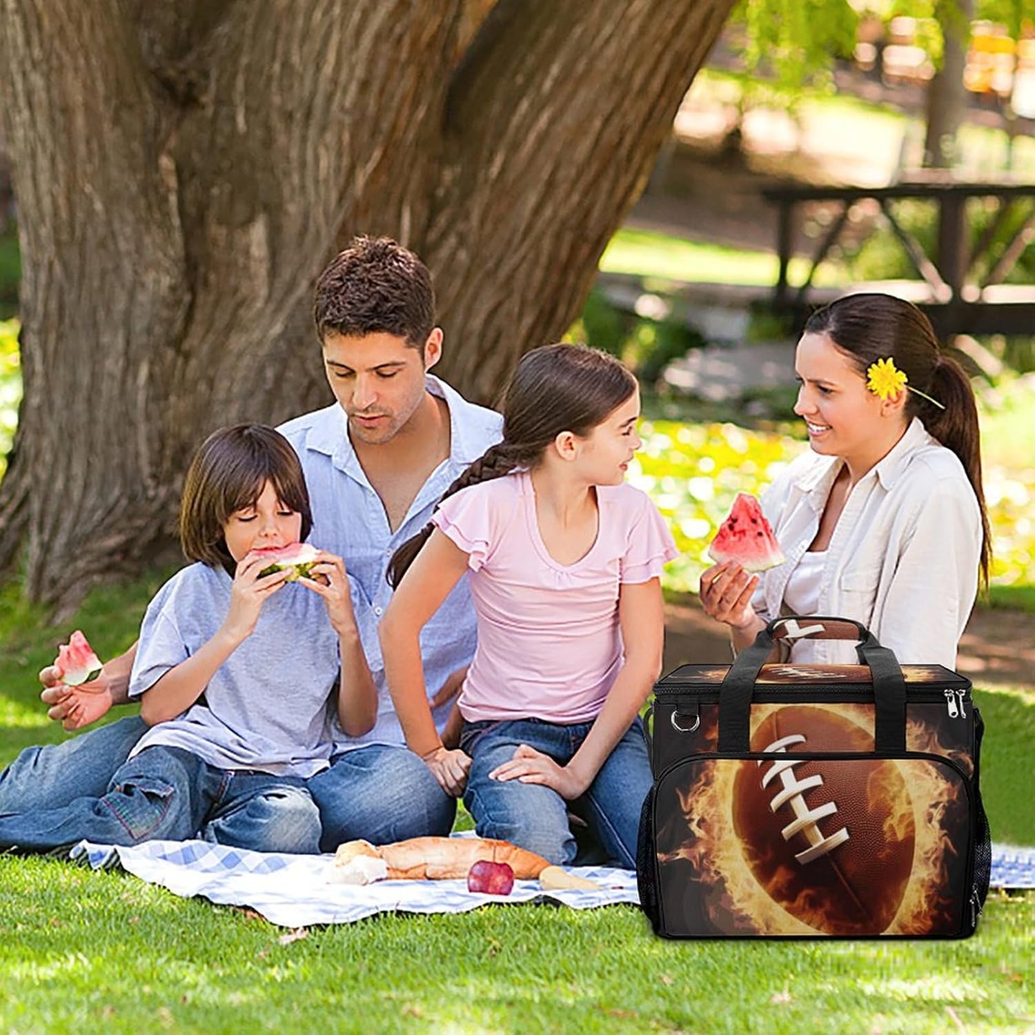 Insulated Picnic Backpack Tote Bag, Large Capacity 30L Flaming American Football Cooler Bag Leakproof Beach Bags Portable Lunch Box Waterproof Picnic Basket for Beach Camping BBQ