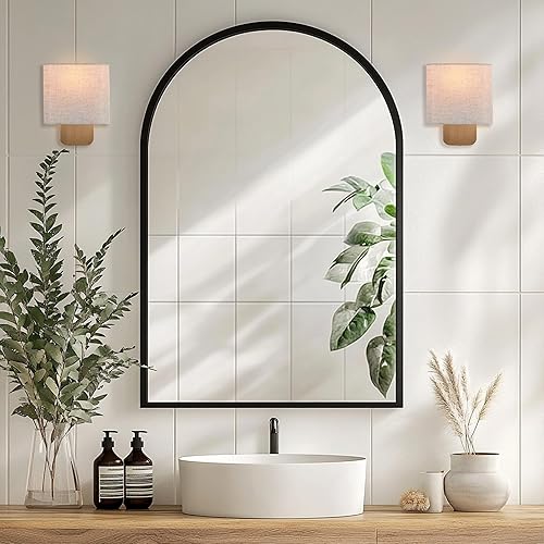 Miniatura 4 de Linen Square Wall Sconce, Antique Brass Finish - Modern Cylinder Shade Hardwired Light Fixture for Bedroom, Bathroom Vanity, Living Room, E12