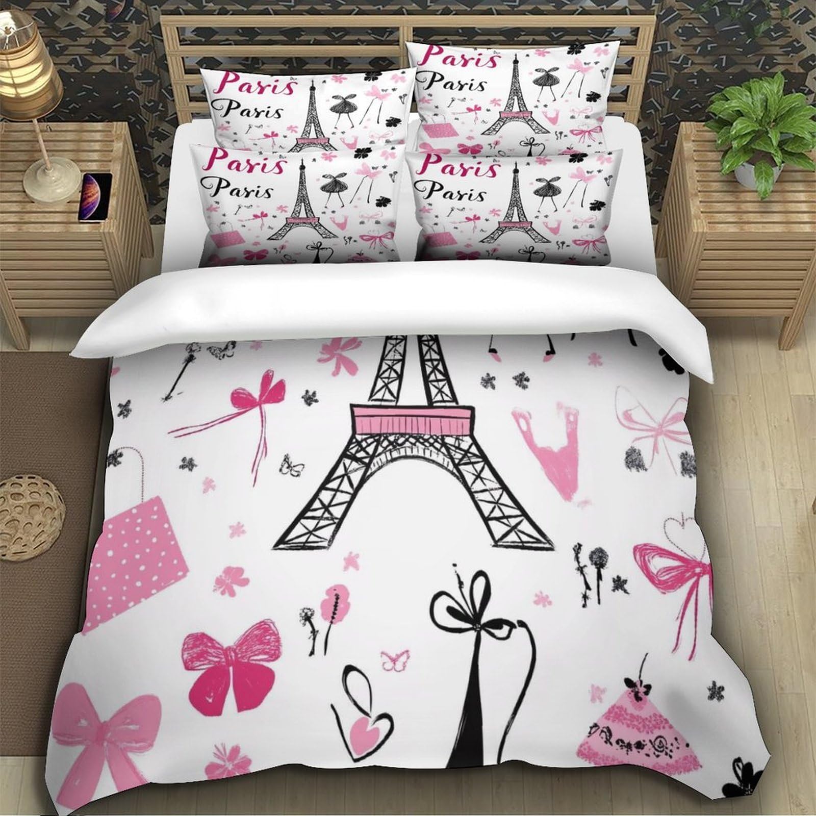 Stampa 3D Paris Eiffel Tower Copertura per letto Biancheria per letto Con federa Confortevole Cartoon Paris Decor Fodera copriletto Antiacaro per giovani single coppie Super king（260x220cm）