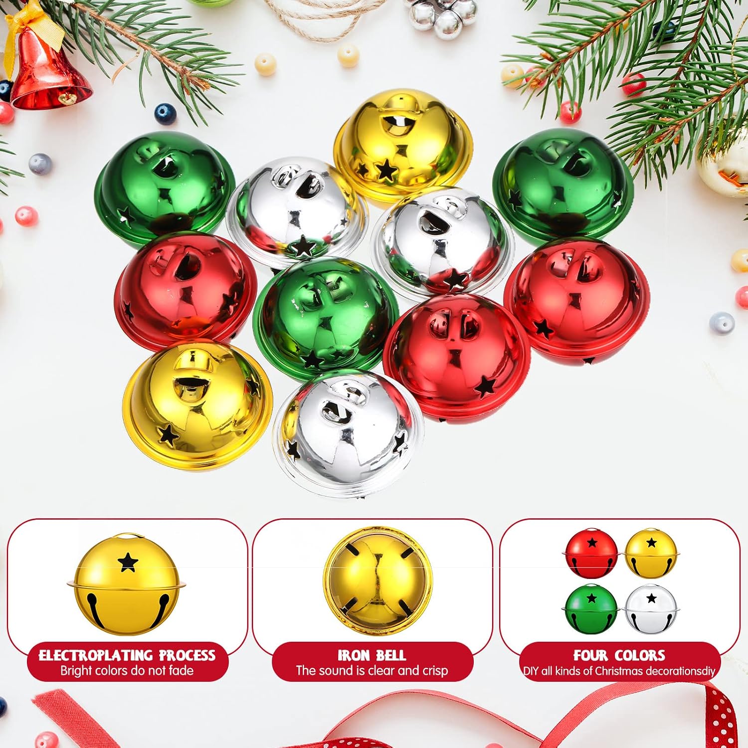 60 Pieces Large Jingle Bells Christmas Star Bells Craft Red, Green, Gold and Silver Bells Ornament for Craft Christmas Party DIY Decoration 1.57 Inches