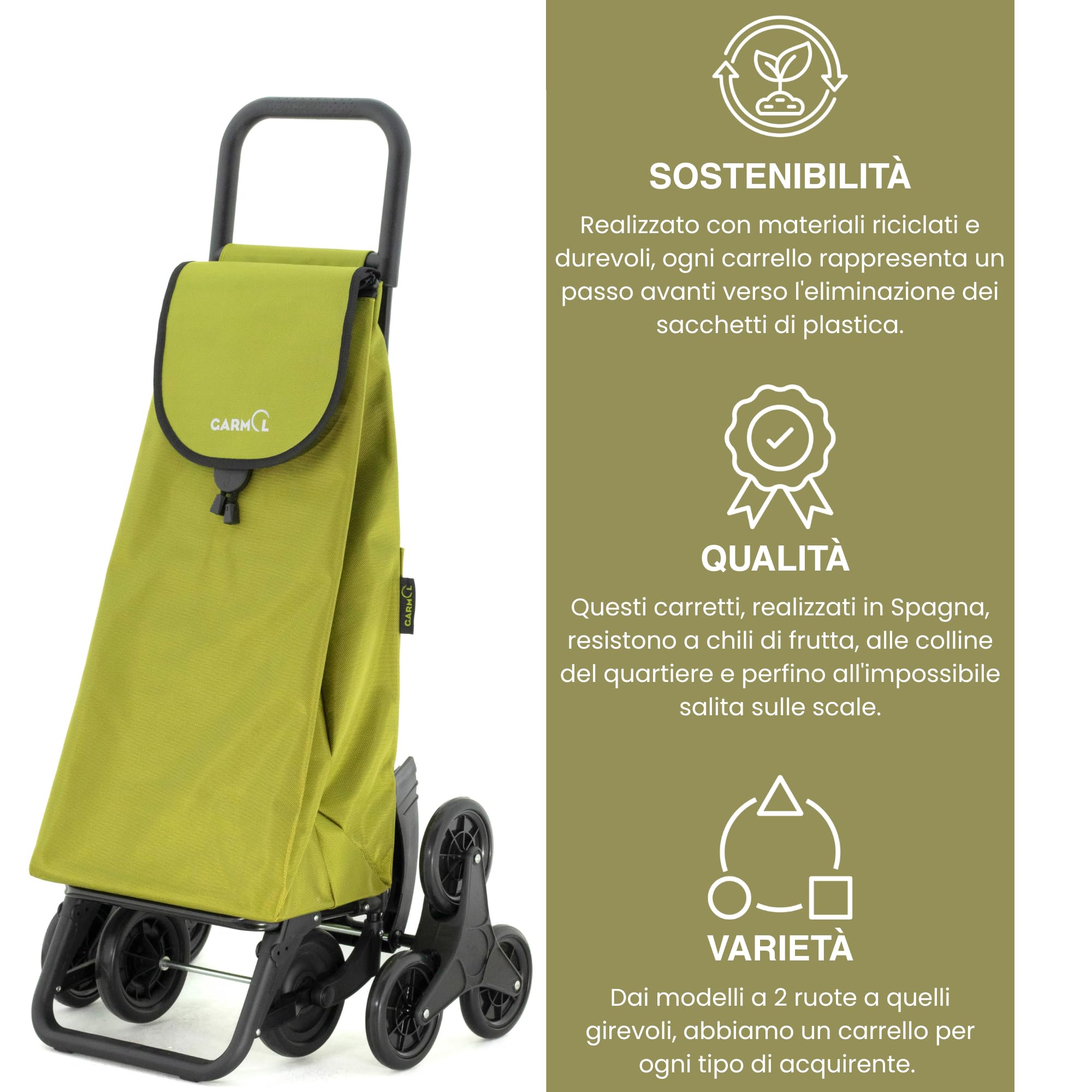 GARMOL Carrello della spesa pieghevole da 55 litri | Carrello della spesa 8 Ruote Salite Scale di Grande Capacità | Carrello della spesa Pieghevole Colore Verde Avocado