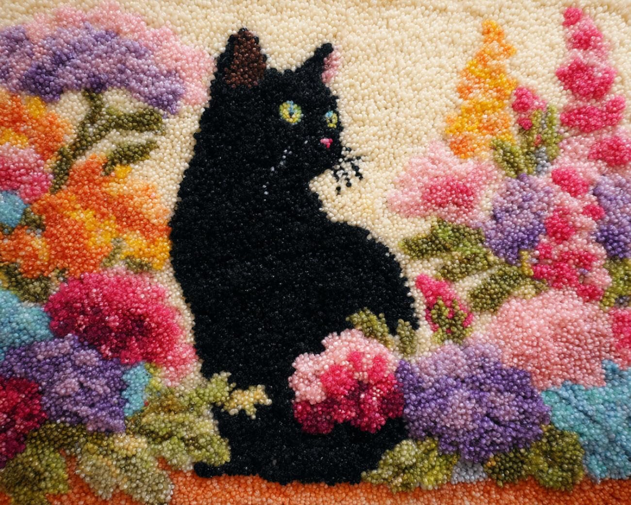 AMBATTERY Latch Hook Kits Carpet Black cat and Flowers 60x90cm