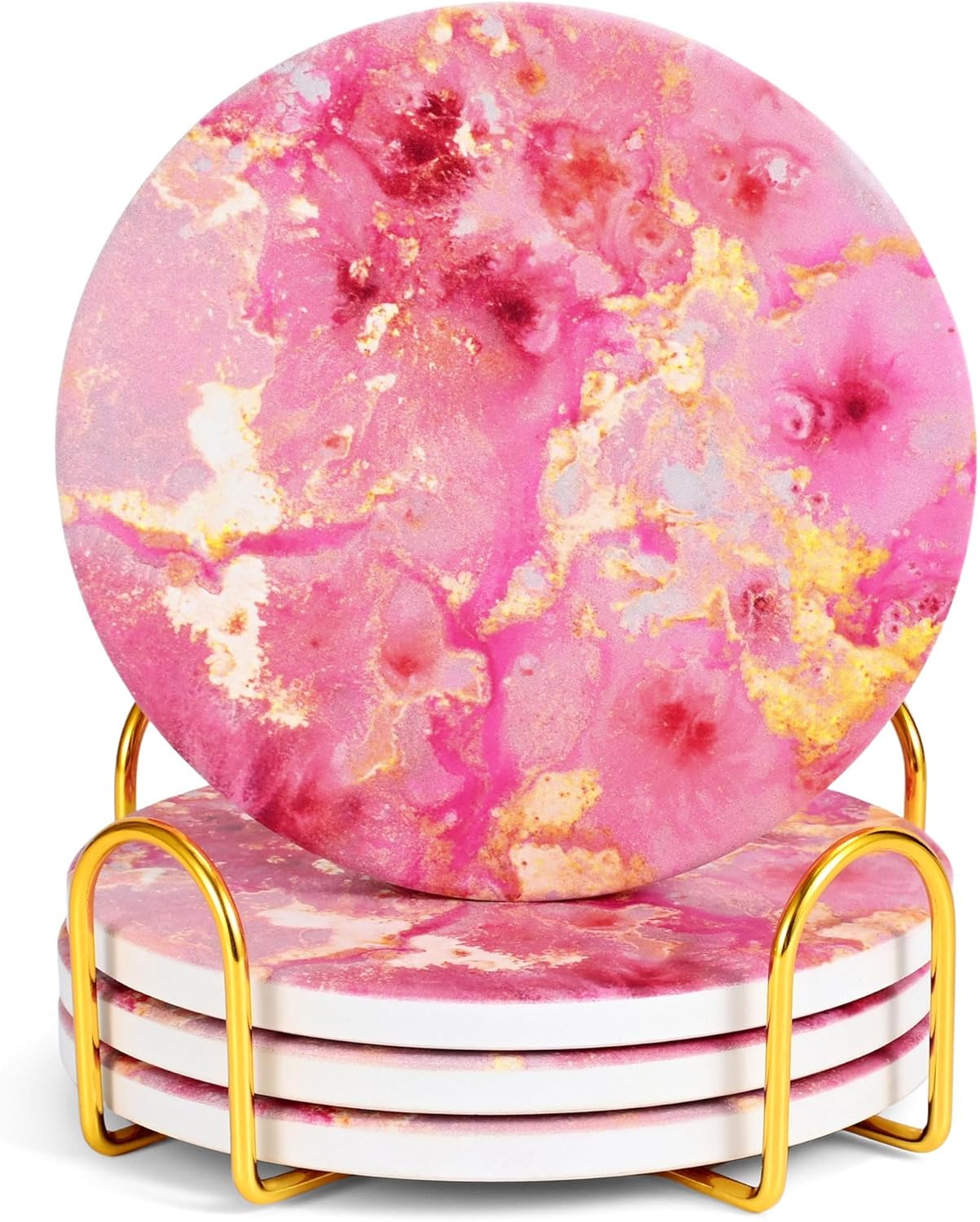 Juego de 4 posavasos para bebidas de color oro rosa con soporte para oficina de 4 pulgadas