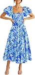 PRETTYGARDEN Women's Casual Summer Midi Dress Puffy Short Sleeve Square Neck Smocked Tiered Ruffle Dresses