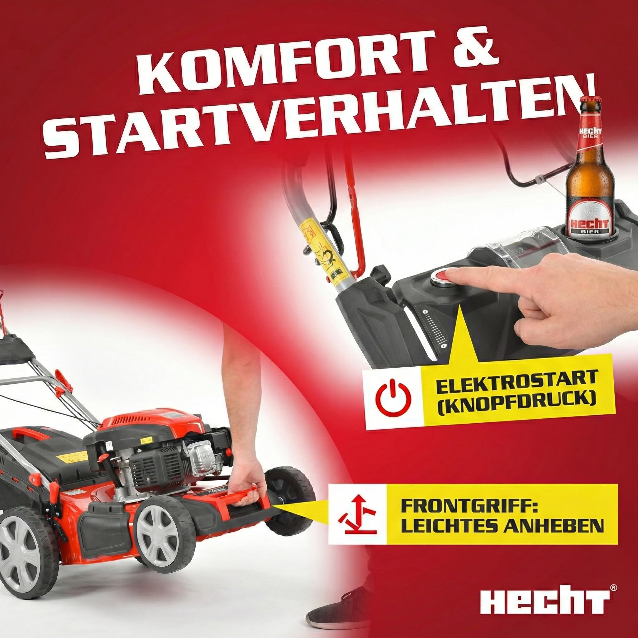 HECHT 5in1 Benzin Rasenmäher 6,0 PS – 53 cm mit Elektrostart & Radantrieb | 4-Takt Eco Motor mit 4,4 kW, 75 L Fangkorb, Mulchfunktion und Seitenauswurf – für Rasen & Garten