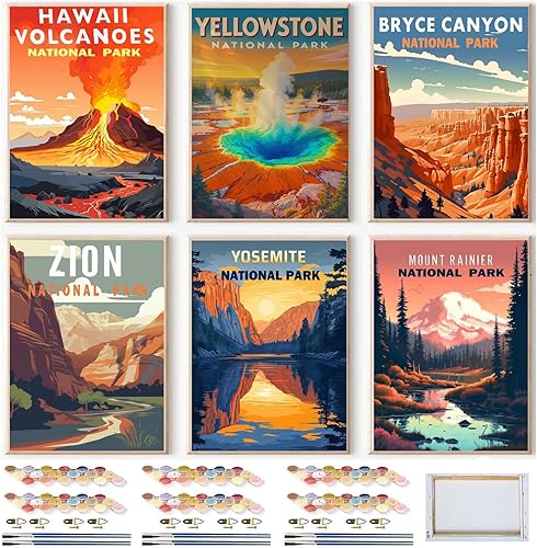 MXCFZX Paquete de 6 pinturas enmarcadas por números para adultos principiantes, kits de pintura por números para adultos en lienzo, pintura al óleo