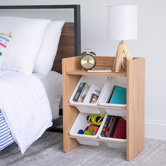 Humble Crew Journey Small Wooden ToyShelf Storage Organiser for Children, with 4 BPA Free Plastic Removeable Storage Bins, Ideal for Storing Toys, Games, Books and Craft Supplies - Natural Wood/White