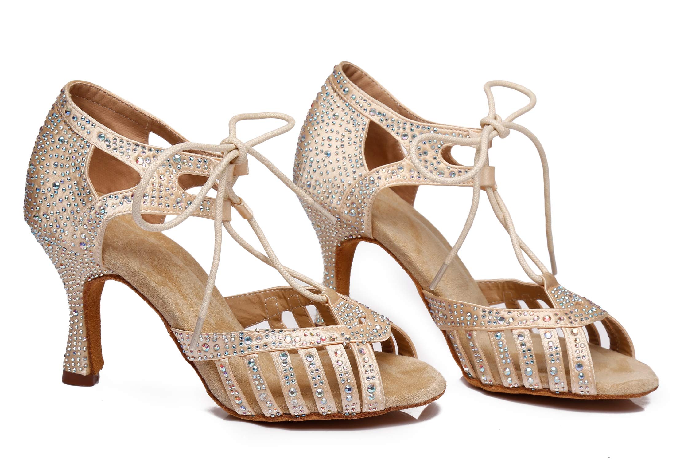Damskie Latin Salsa Sznurowane Kryształy Satynowe Buty Do Tańca Sandały Ślubne L387, Nude 3 35 obcas, 40.5 EU
