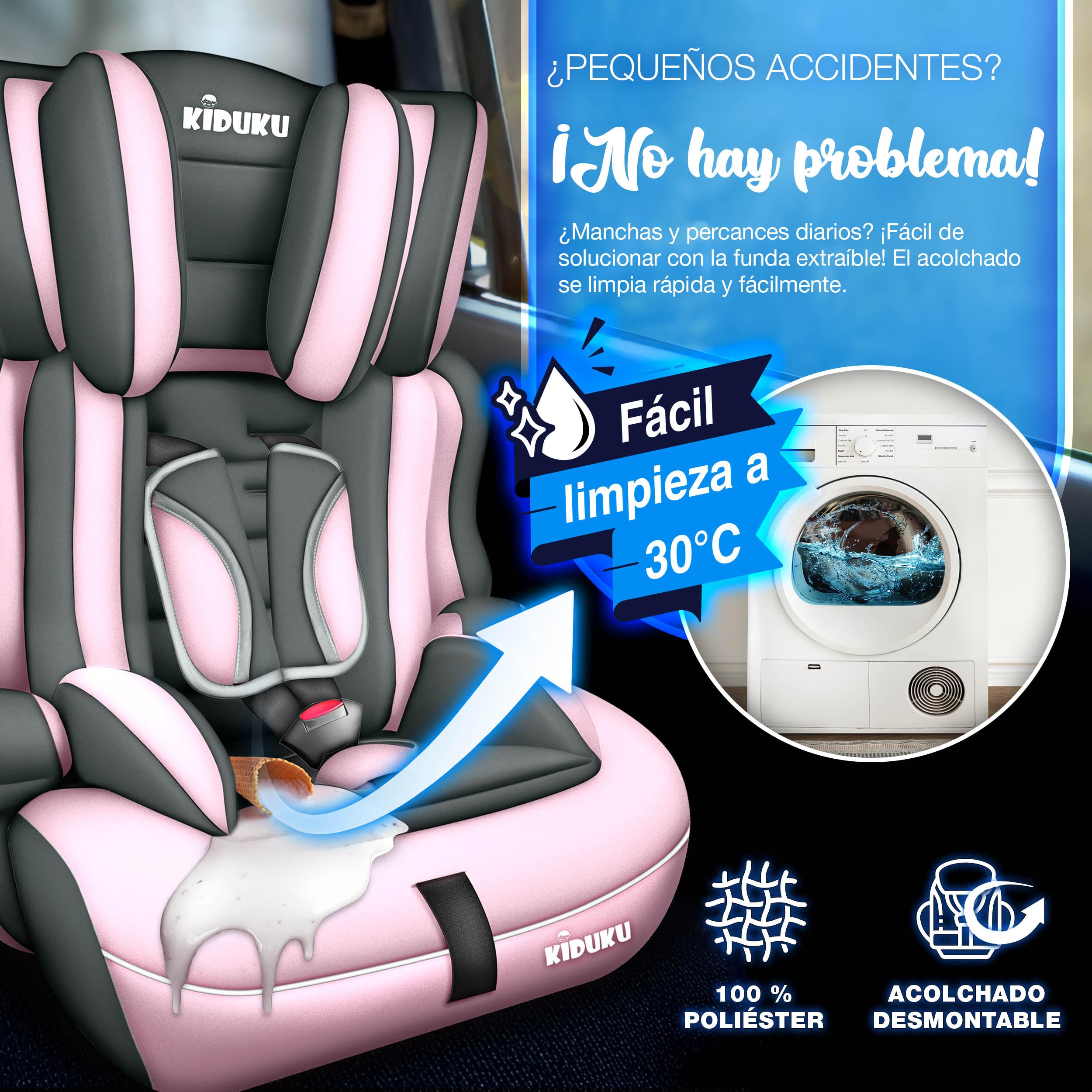 KIDUKU® Silla de coche, crece con el niño, 9 kg-36 kg (1-12 años), Grupo 1/2/3 (Gris/Rosa)