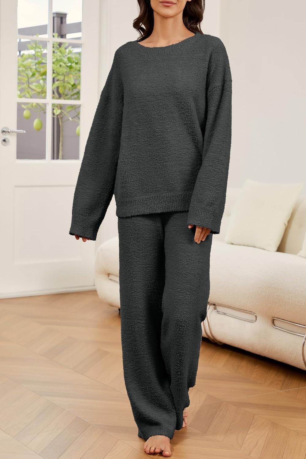 Lounge Sets for Women 2 Piece Fuzzy Fleece Pajamas Long Sleeve Oversized Lounge Set 2025 Fall Winter Trendy Black-grey M - Image 2