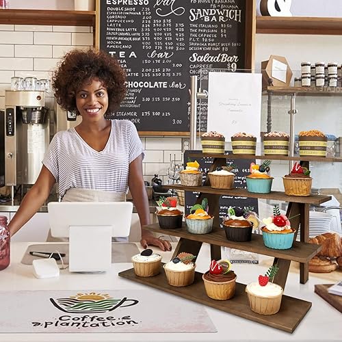 Miniatura 7 de ZYP Soporte de exhibición de madera de 4 niveles para venta al por menor, soporte de exhibición de madera para cupcakes, soporte de mesa rústico sin
