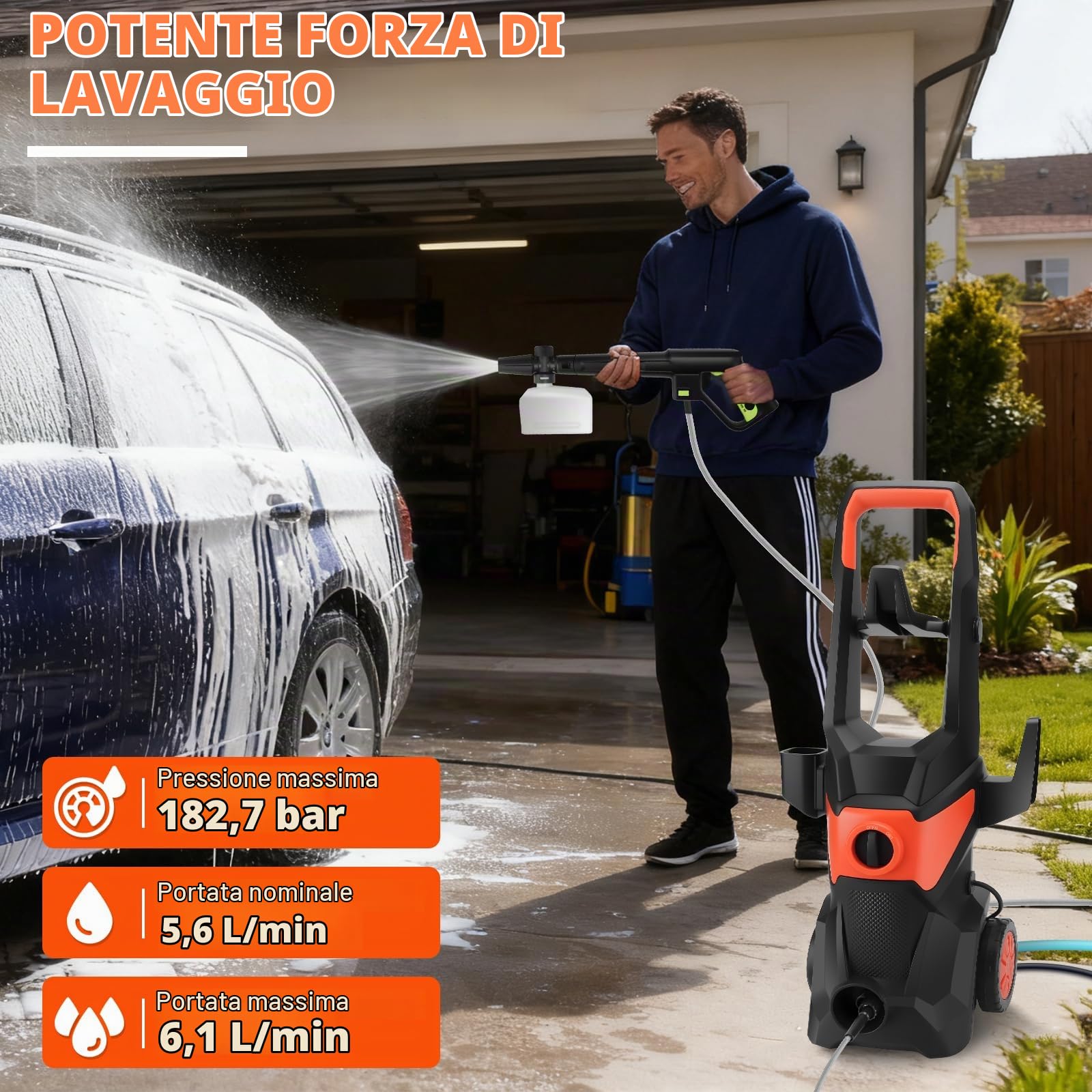 KAOLALI Idropulitrice, 3000W Pressione di Esercizio, Portata 336 l/h | con 4 Ugelli, Lancia Schiumogena, per Pavimenti da Giardino, Recinzioni, Casa, Auto