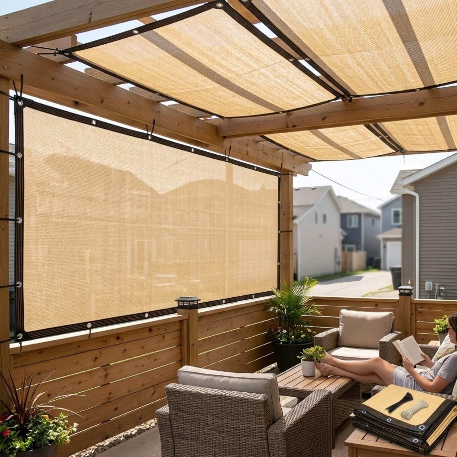 Sonnensegel für den Außenbereich mit Ösen alle 50 cm, 90 % UV-Schutz, atmungsaktiver Stoff für Terrasse, Balkon, Garten, Terrasse, Zaun und Gewächshaus (4 x 4,5 m)