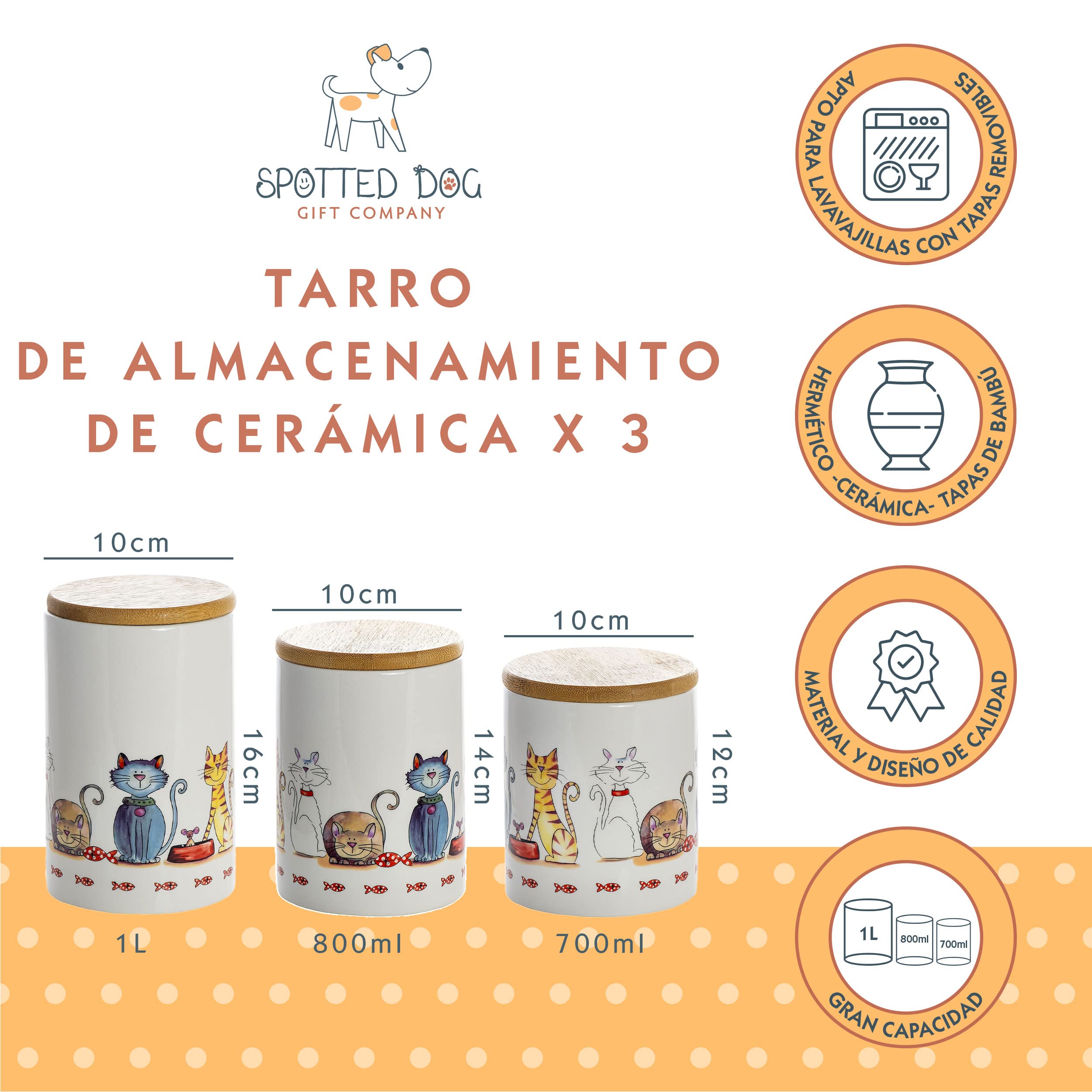 SPOTTED DOG GIFT COMPANY Juego de 3 Botes Cocina Almacenaje de Cerámica con Estampado de Gatos Bonitos, Recipientes Herméticos para Alimentos con Tapa, Regalos para Amantes de los Gatos