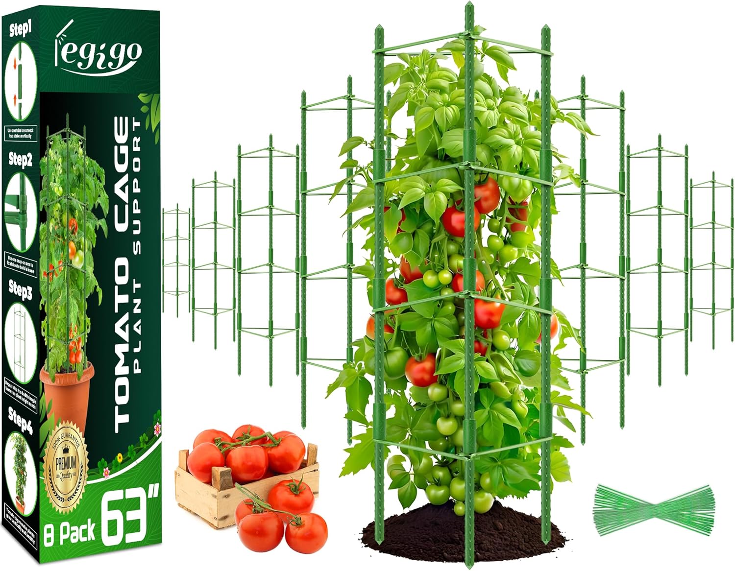 Legigo 8-Pack Up to 63inch Tomato Cages for Garden Plant Support- Garden Stakes Tomato Cage, Tomato Trellis for Potted Plants, Tomato Cages Plant Stakes for Climbing Vegetables Plants Flowers