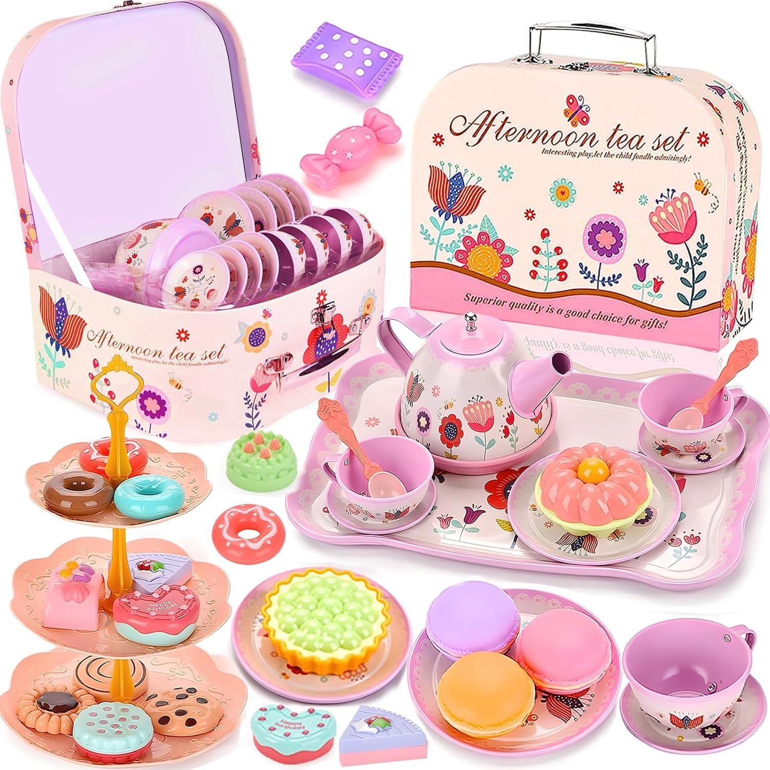 Teeservice Kinder, 46 Teile Puppengeschirr Kinderküche Tin Teekanne Set, Spielküche Zubehör für Kinder Küche Tee Party, Rollenspiele für Spielzeug Mädchen 3 4 5 6 7 Jahre Geschenkideen