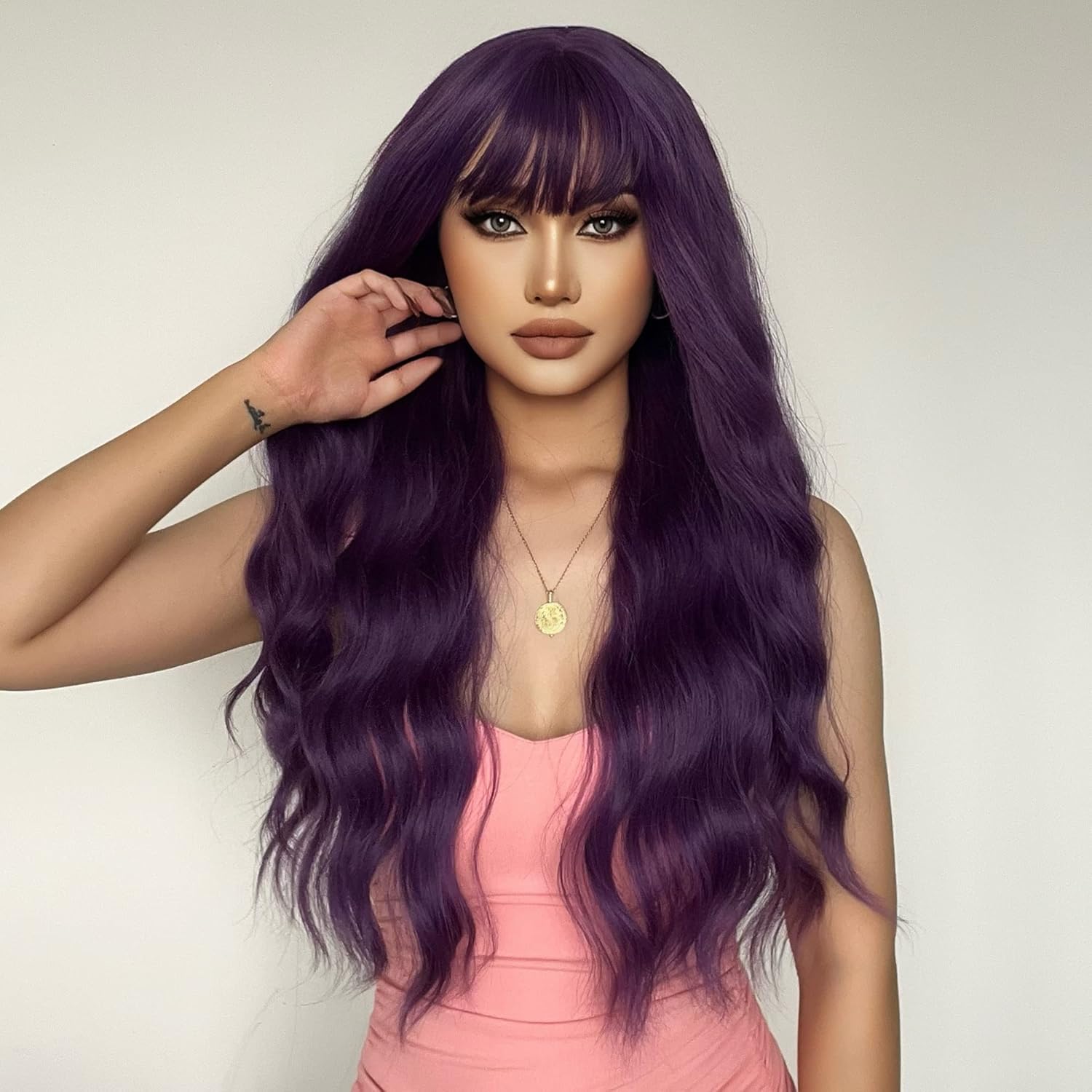 MAGQOO Mardi Gras Wig Dark Purple Wig Women Girls Long Curly Wavy Deep Purple Wigs with Bangs Synthetic Heat Resistant Cosplay Costume