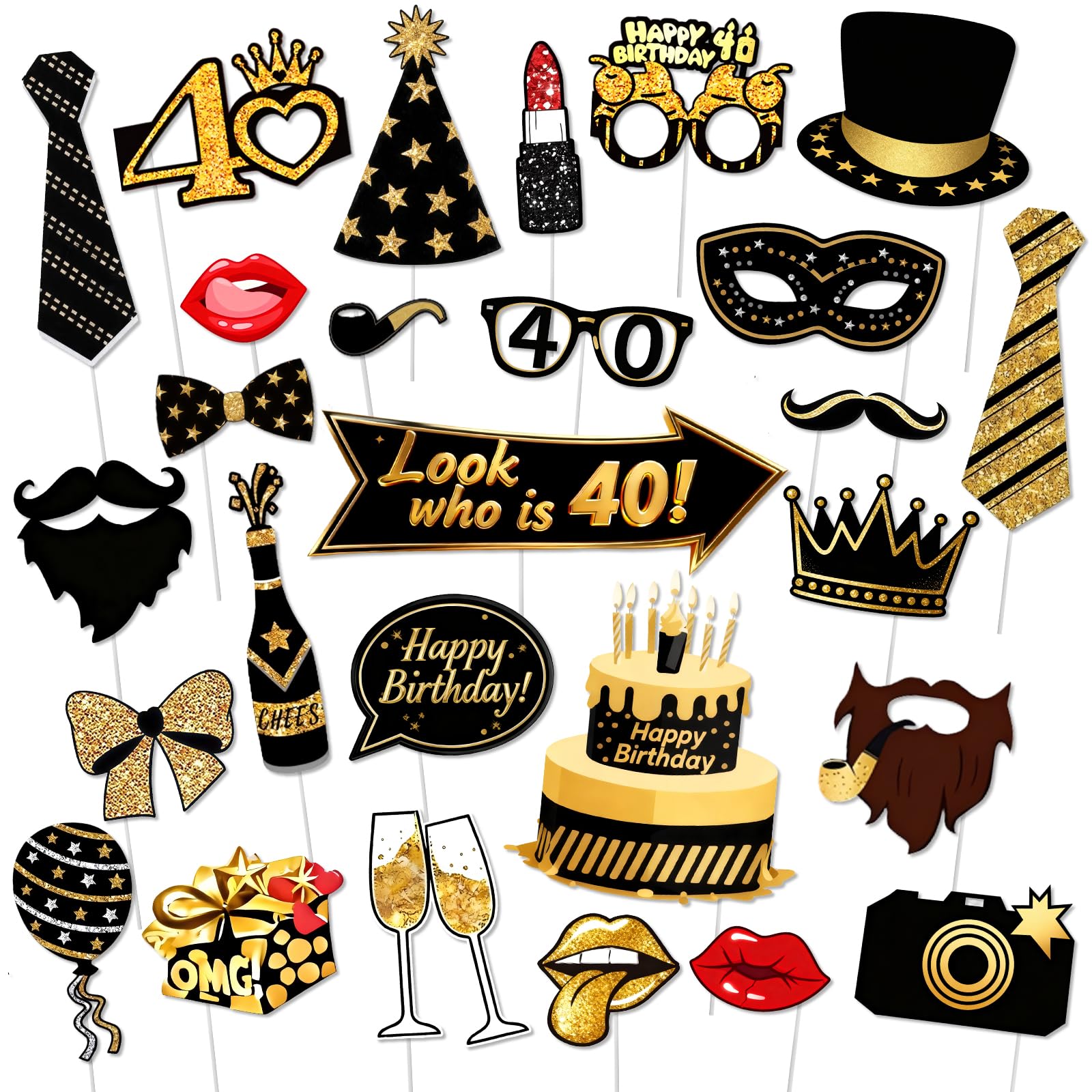 G2PLUS 40th Birthday Photo Booth Props, 32PCS Black and Gold Birthday Props