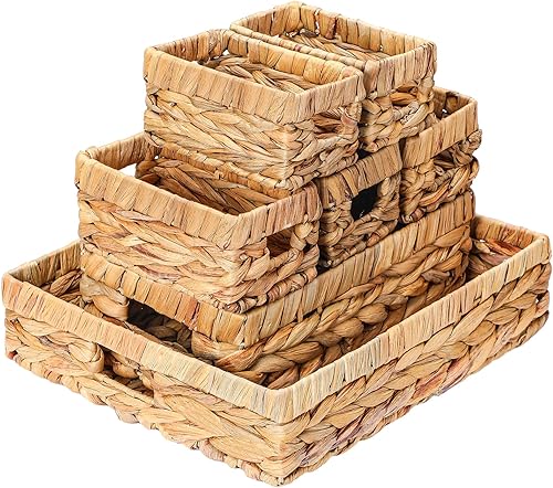 Miniatura 1 de Beeveer 7 cestas de mimbre de jacinto de agua natural para estantes, cesta de almacenamiento de mimbre con asas integradas, cestas tejidas para