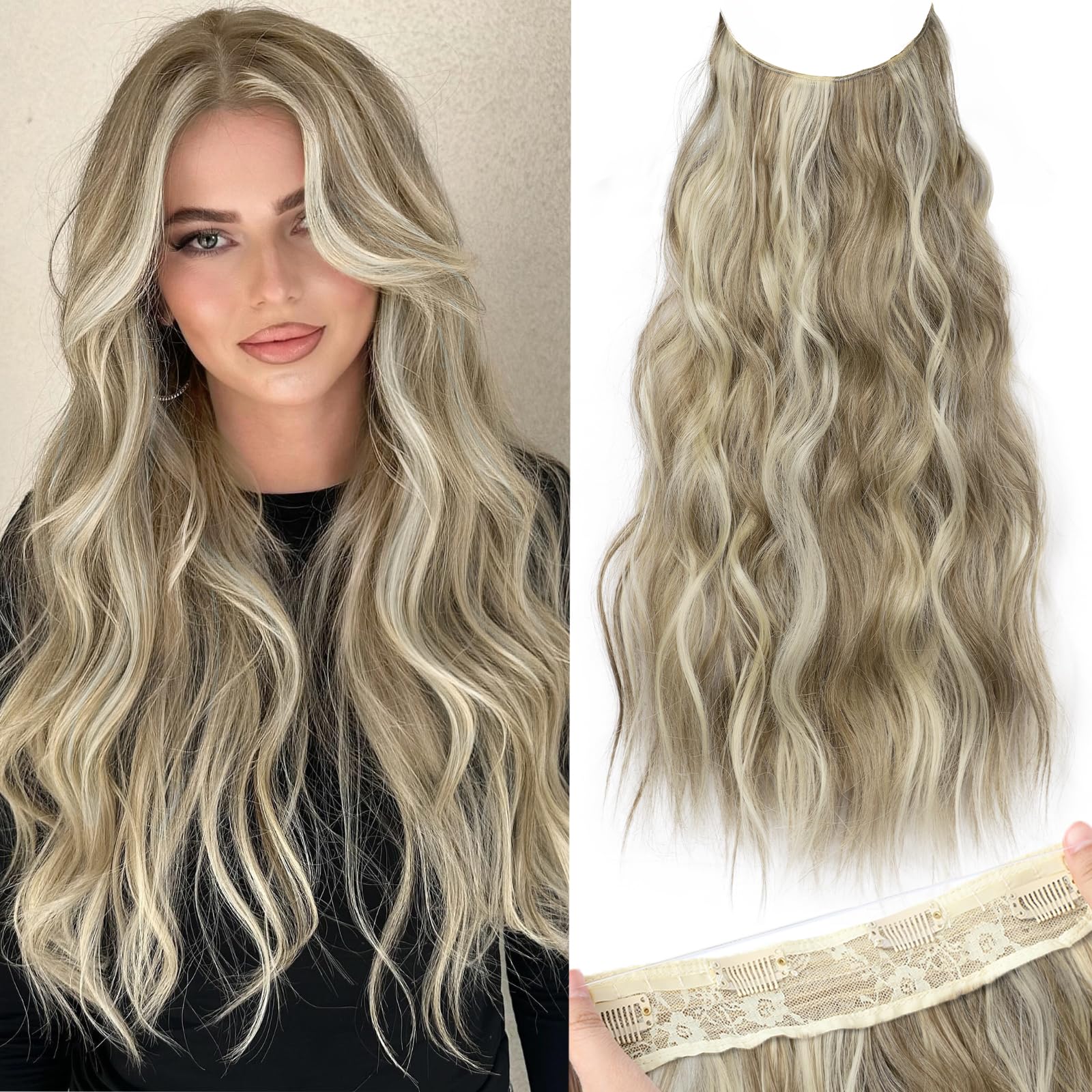 Photo 1 of KooKaStyle Invisible Wire Hair Extensions with Transparent Headband Adjustable Size 4 Secure Clips Long Wavy Secret Wire Hairpiece for Women(24 Inch 10H24#Dirty Blonde Mixed Bleach Blonde)
