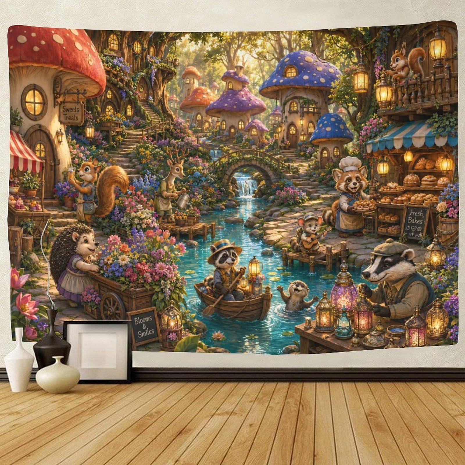 GPMNBCXZK Mushroom Village Animals Tapestry for Bedroom 3D Print Wall Hanging Decor Tapestries Poster Home Decoration Bedroom Living Room 150cmx200cm