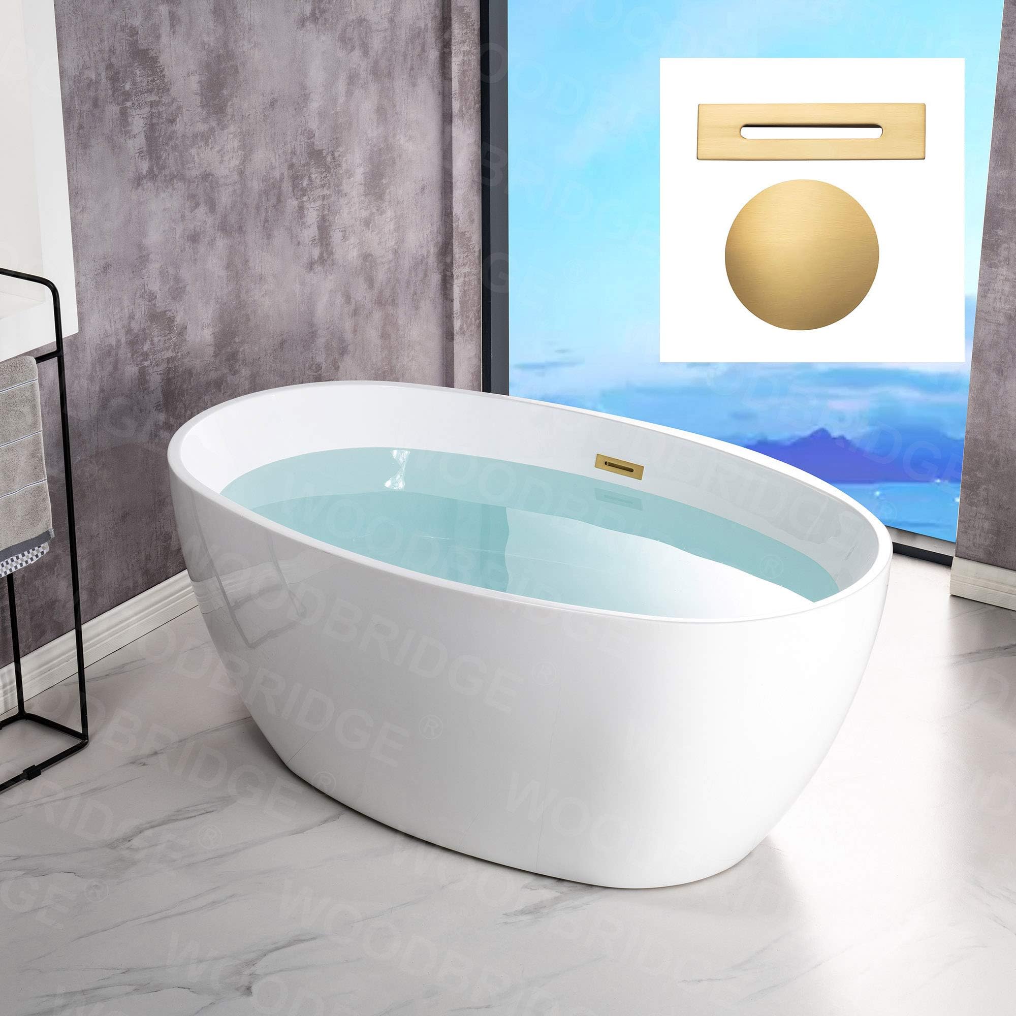 WOODBRIDGE 55" Acrylic Freestanding Bathtub Contemporary Soaking White Tub with Brushed Gold Overflow and Drain，B1418 -BG-Drain &O