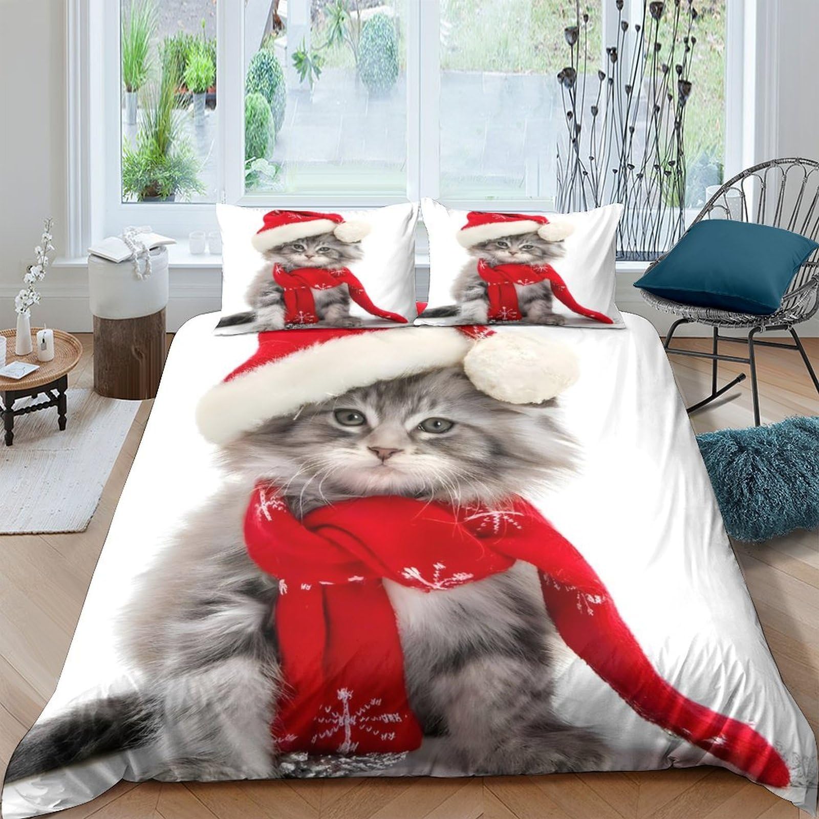 P5V6M1Q9 3D Printed Christmas Cat Duvet Cover Microfiber Red Scarf Kitten Bedding Set with 2 Pillowcases for Bedroom Single（135x200cm）