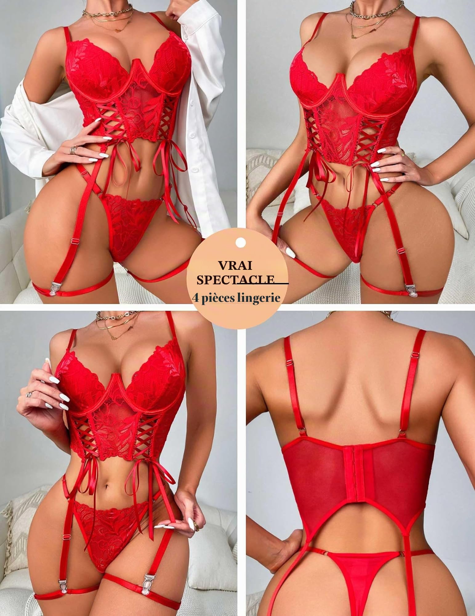 Avidlove Ensemble Lingerie Sexy pour Femme Soutien-Gorge à Armatures en Dentelle et Jarretelles Slip Bustiers Jarretières sous-Vêtements