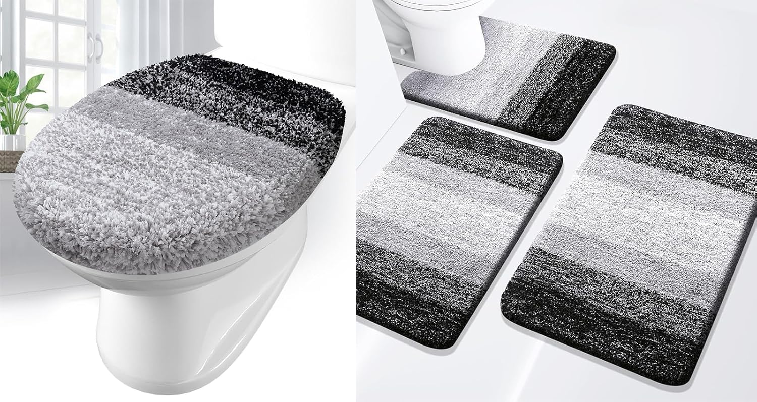 Arotive Ombre Bathroom Rugs Sets 3 Piece and Bathroom Toilet Lid Cover, Bath Rug Size 24x16 and 30x20,U-Shaped Contour Toilet Rug and Bathroom Toilet Lid Cover Size 17.5x15 in Black, 4 Item Bundle