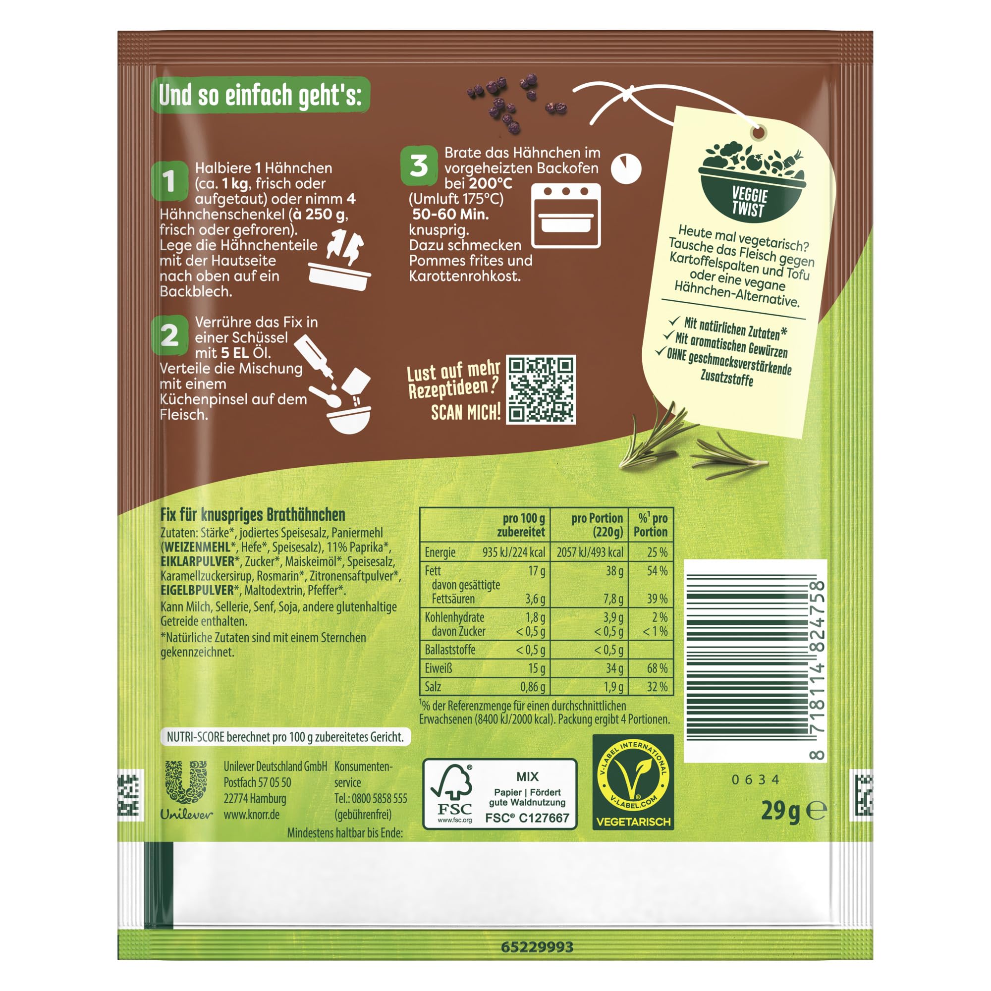 Knorr Fix Würzmischung Knuspriges Brathähnchen für ein leckeres Fleischgericht mit natürlichen Zutaten 28 x 29 g