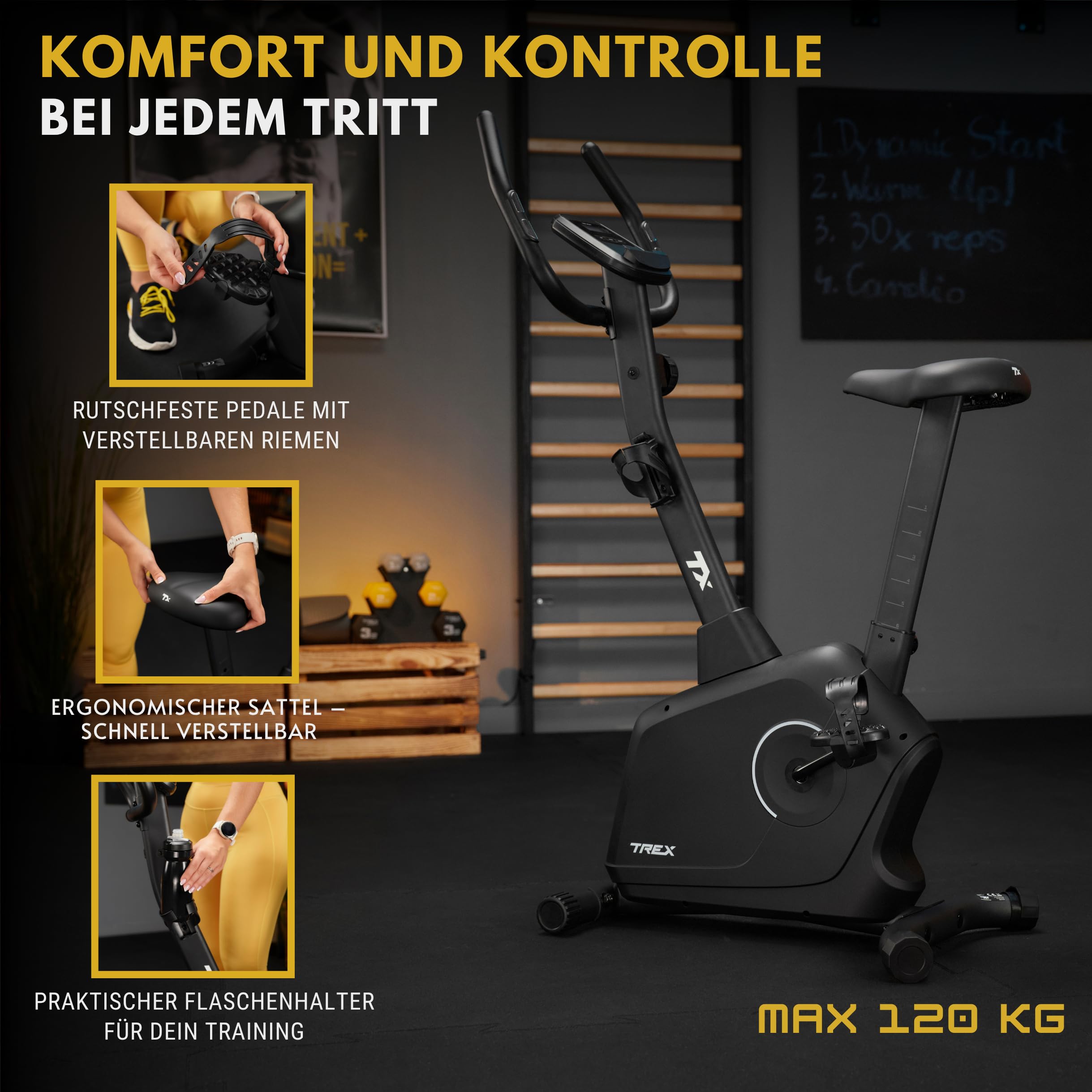 TREX SPORT Heimtrainer Fahrrad Magnetisch RIGON leise bis 120kg 8 Stufen | TX-380MB Fitnessbike, leise, LCD Display, Pulsmesser, Hometrainer, Schwarz / Marineblau