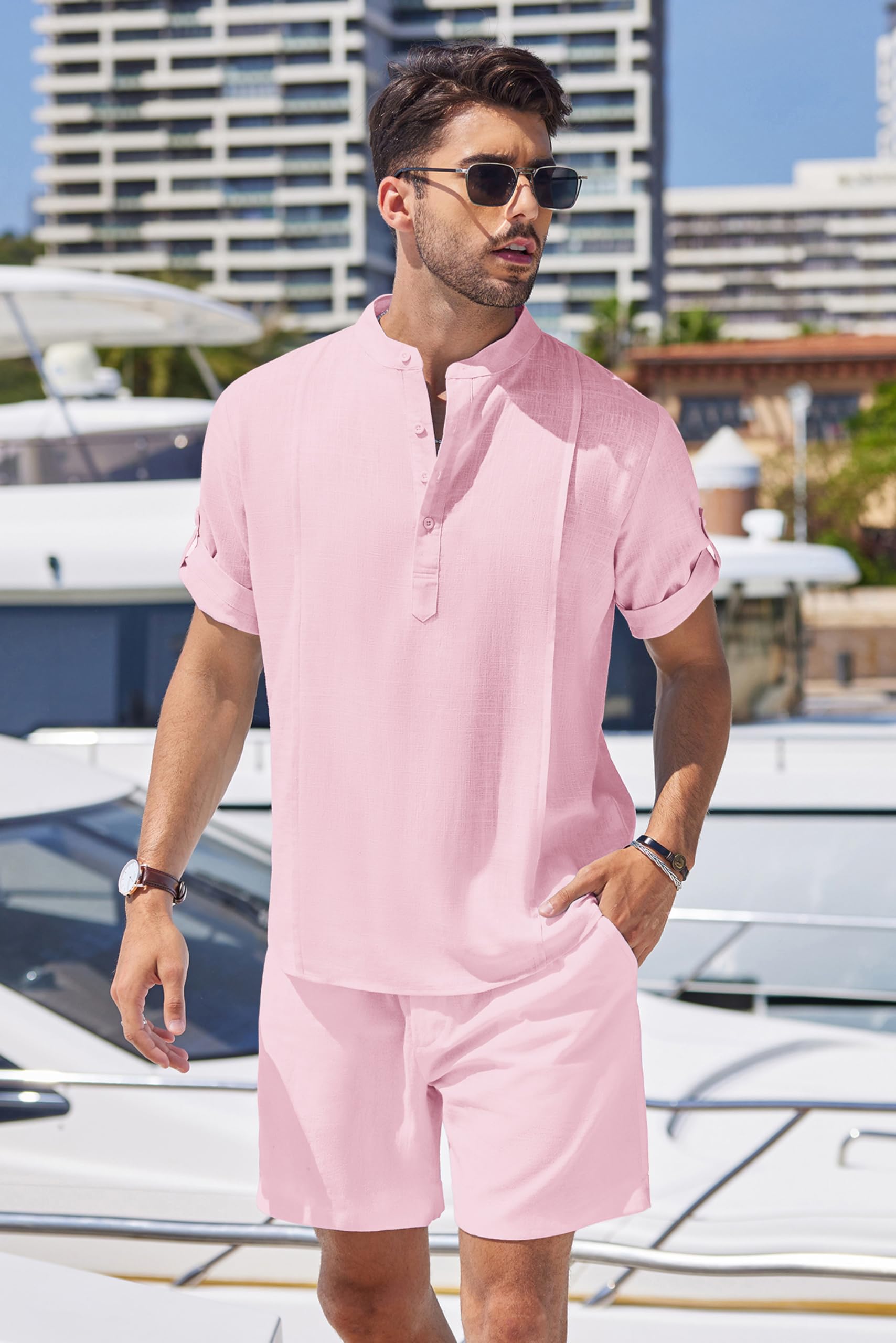 COOFANDY Set da uomo in lino da 2 pezzi, camicia Henley a maniche corte e pantaloncini, estivo, da spiaggia, yoga, abiti abbinati