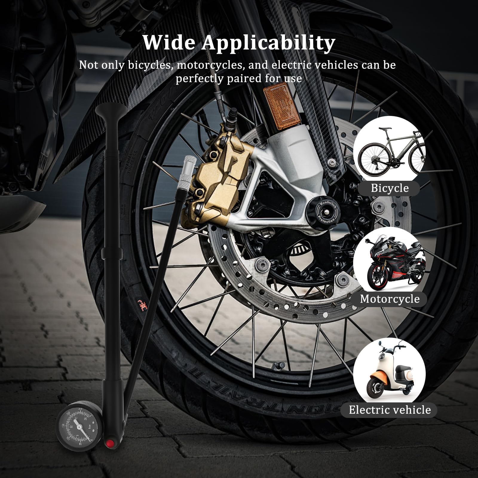 Pompe à Amortisseur 300 PSI avec manomètre, Tuyau Rotatif à 360°, Mini Pompe à Fourche à Suspension, Pompe d'amortisseur de vélo, Pompe pour vélos, Motos, véhicules électriques