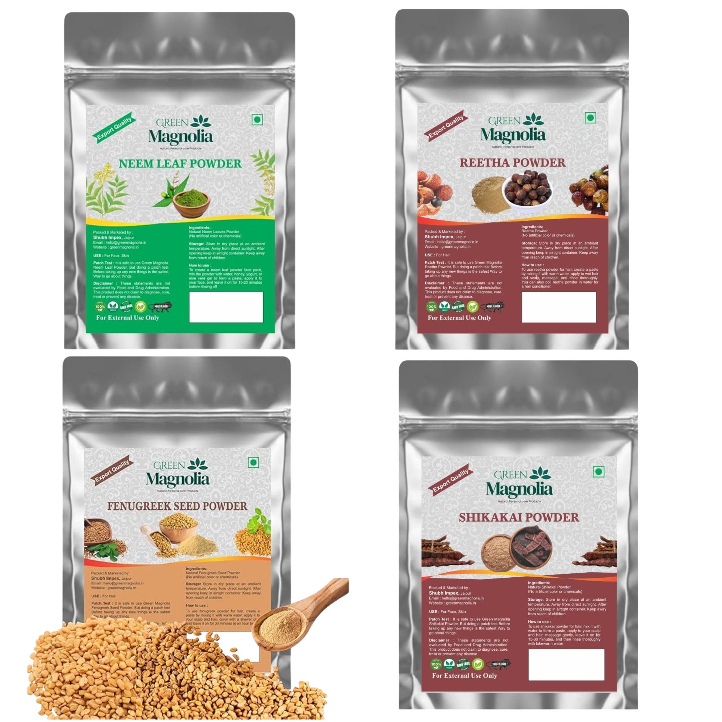 4-in-1 anti-dandruff cleanse pack combo neem leaf powder reetha powder fenugreek seed powder shikakai powder natural hair care treatment for dandruff control (200g each)