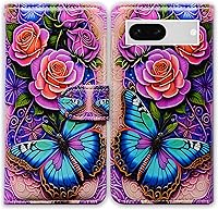 Vista 1 de Pixel 7a - Funda de piel con tapa y función atril para Google Pixel 7a, diseño de flores y mariposas azules