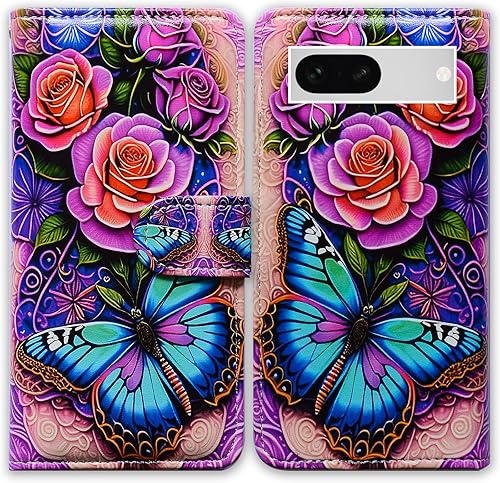 Pixel 7a - Funda de piel con tapa y función atril para Google Pixel 7a, diseño de flores y mariposas azules