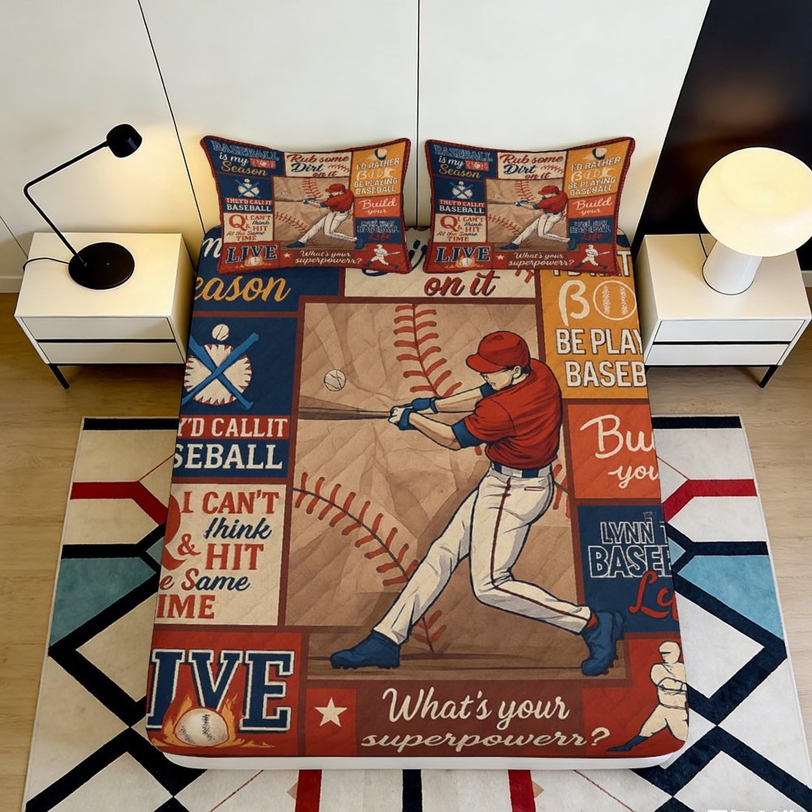 3D Printed Baseball Pattern Fitted Sheet Microfiber Deep Pocket Bedroom Bedding Baseball Mattress Fitted Cover Non-Slip Washable Home 140x200x25cm