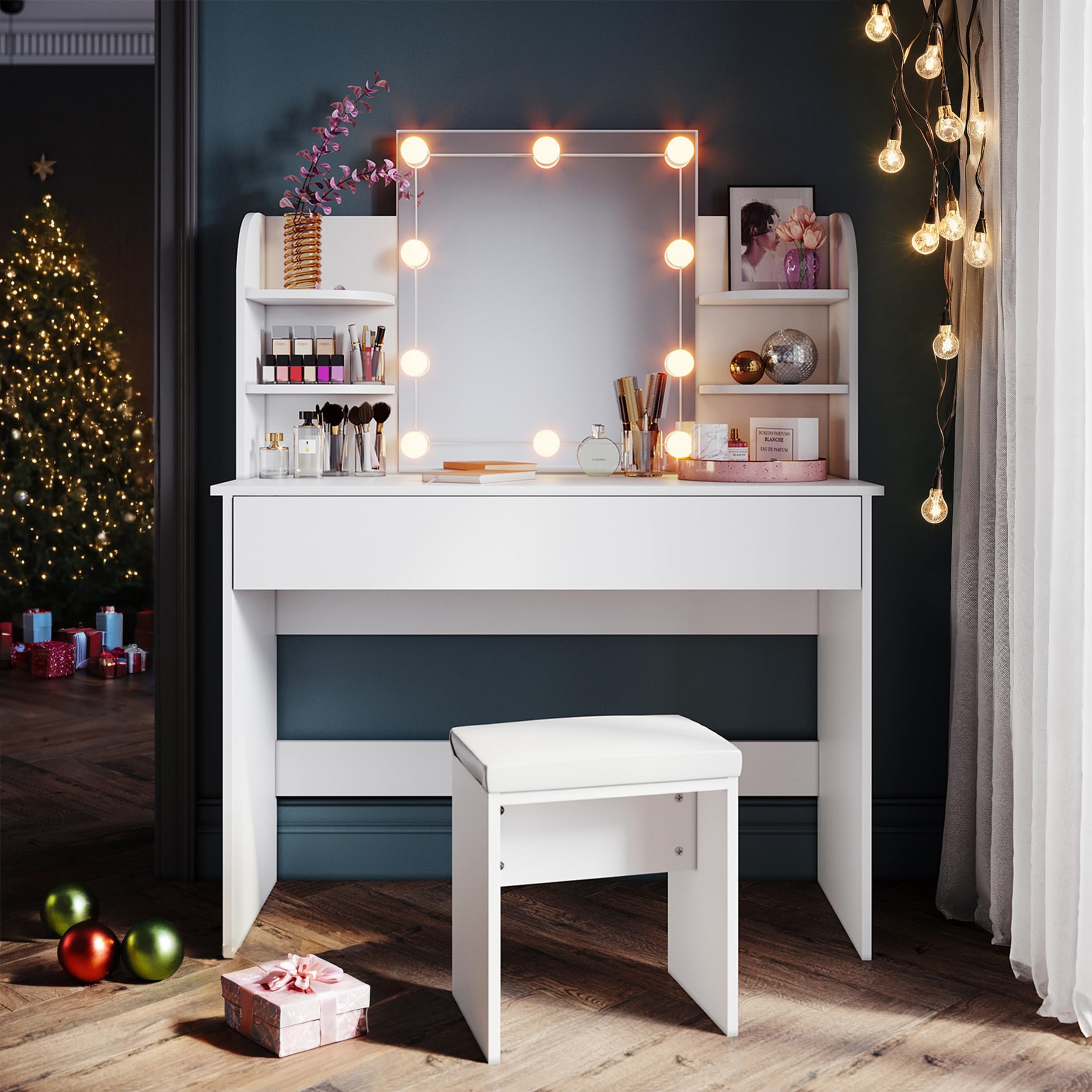 SONNI Tocador de Maquillaje con Luz y Taburete,Espejo y LED Regulable,Mesa Tocadores Maquillaje Moderno Blanco Dormitorio 10 Bombillas 108x40x140cm