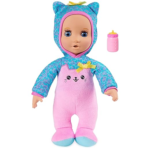 Luvabella Luvzies, Kitten Onesie 11-inch Cuddly Baby Doll with Bottle Accessory, for Kids Aged 4 and up